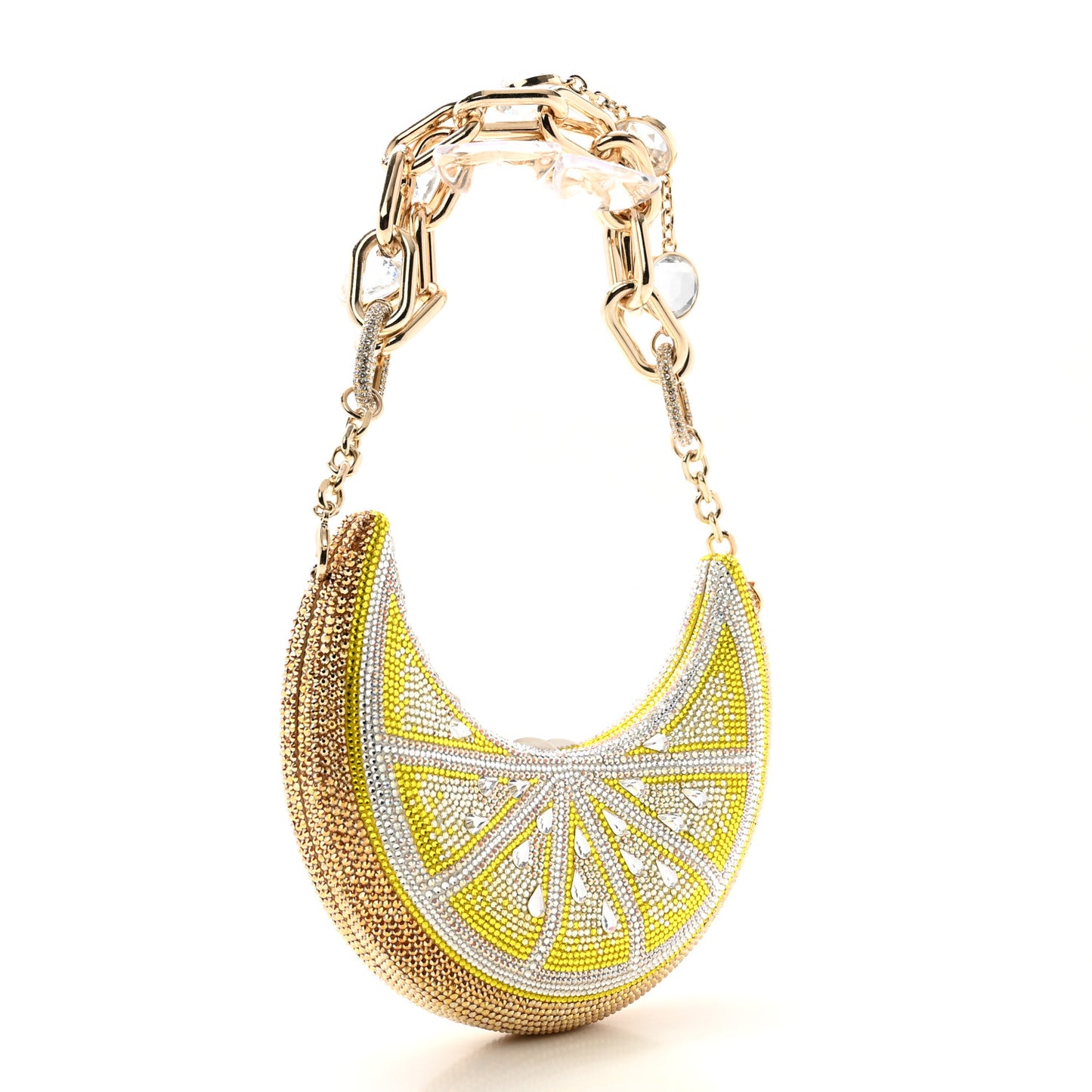 Crystal Lemon Crescent Minaudiere Clutch Silver Citrine Multicolor