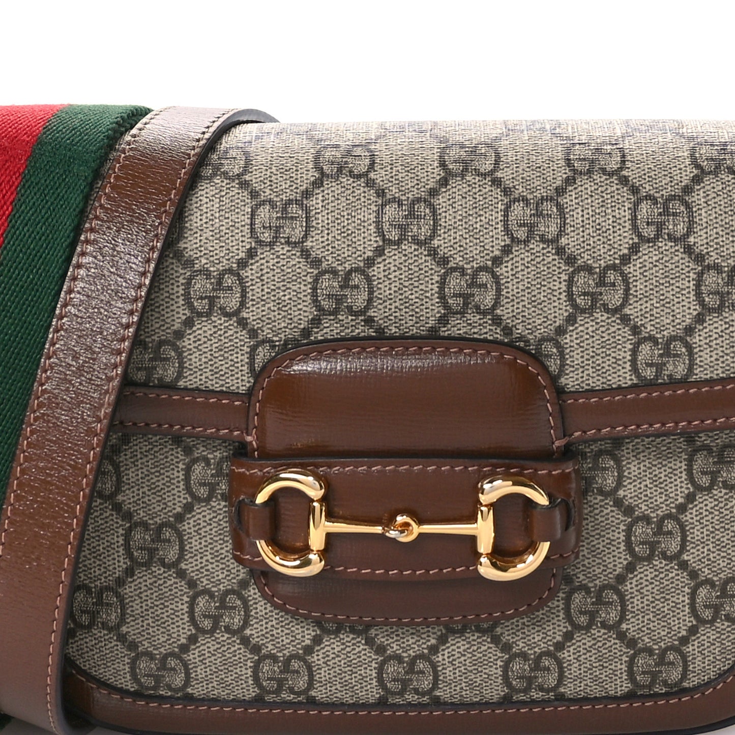 GG Supreme Monogram Azalea Calfskin Web Mini Horsebit 1955 Shoulder Bag Beige Ebony Brown Sugar