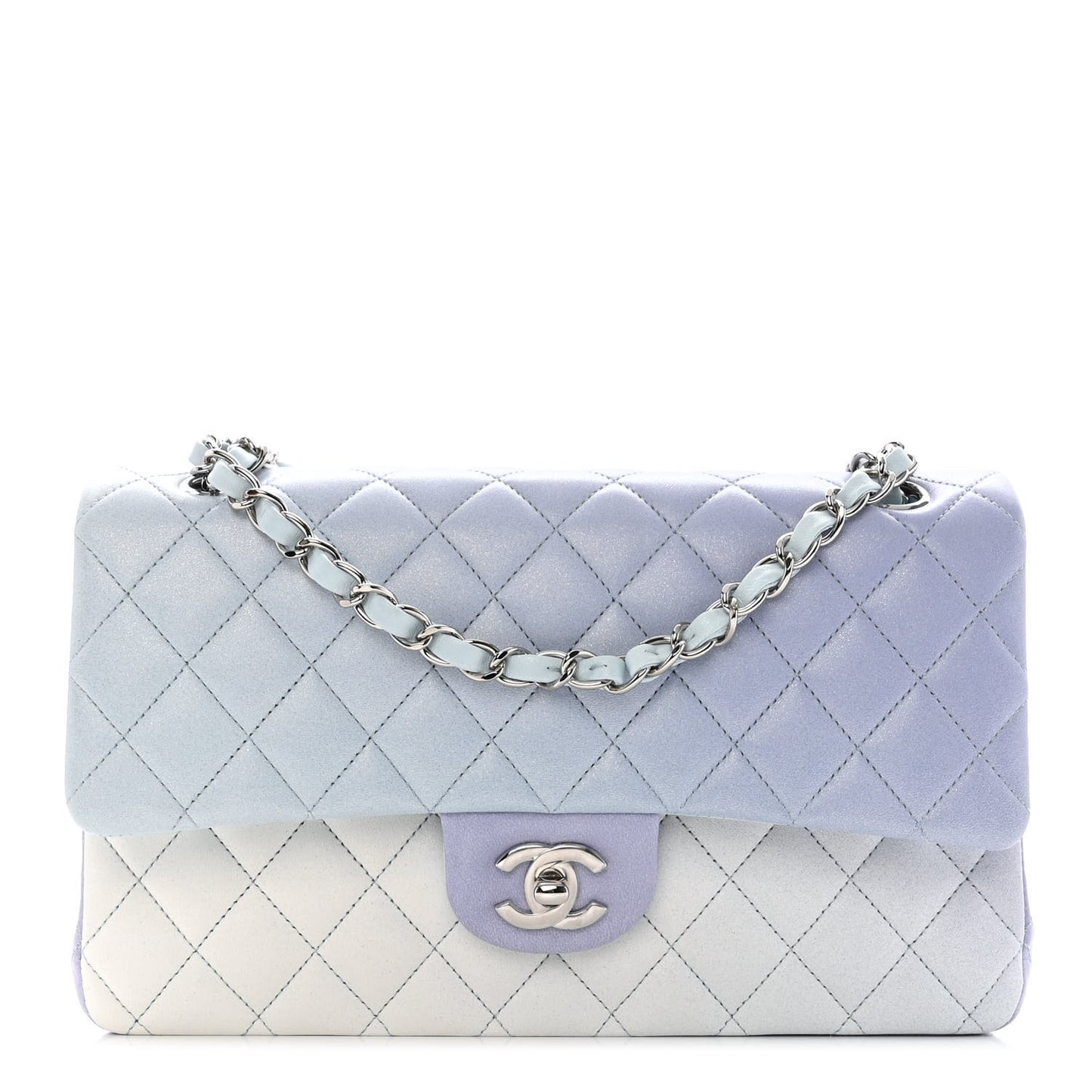 Perforated Lambskin Quilted Medium Double Flap Light Blue Light Purple White