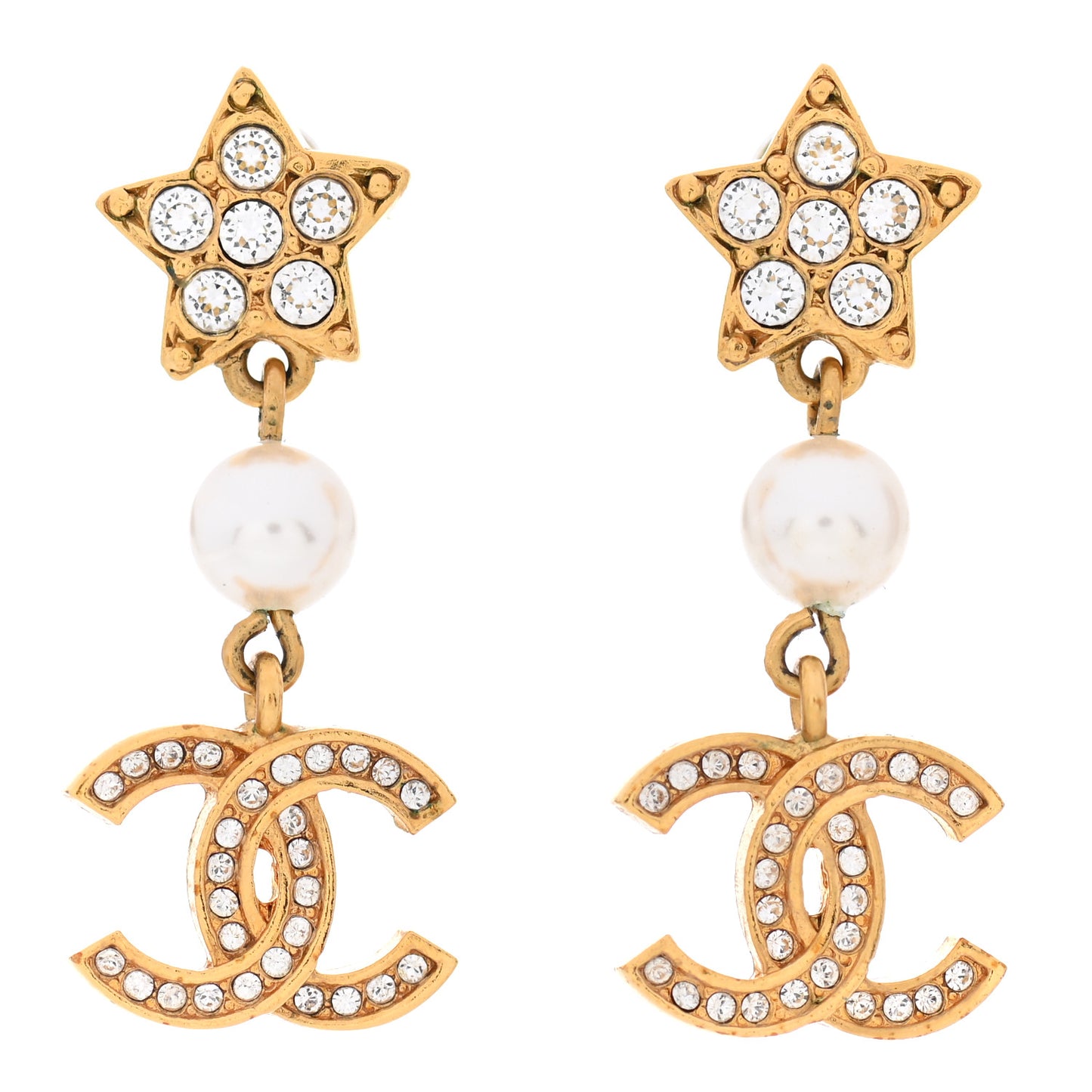 Crystal Pearl CC Star Drop Earrings Gold