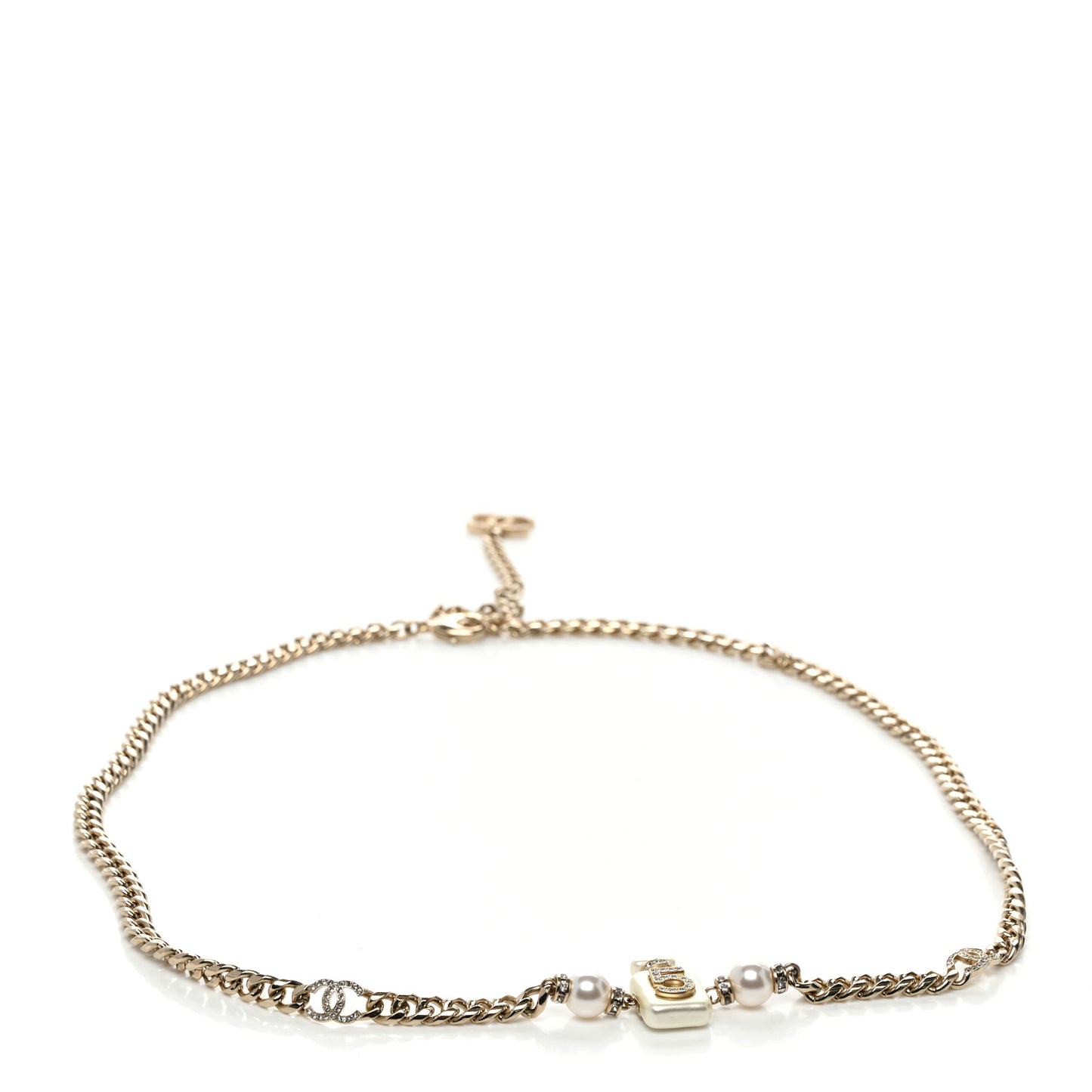 Pearl Resin Crystal CC No 5 Perfume Bottle Chain Belt Gold Pearly White