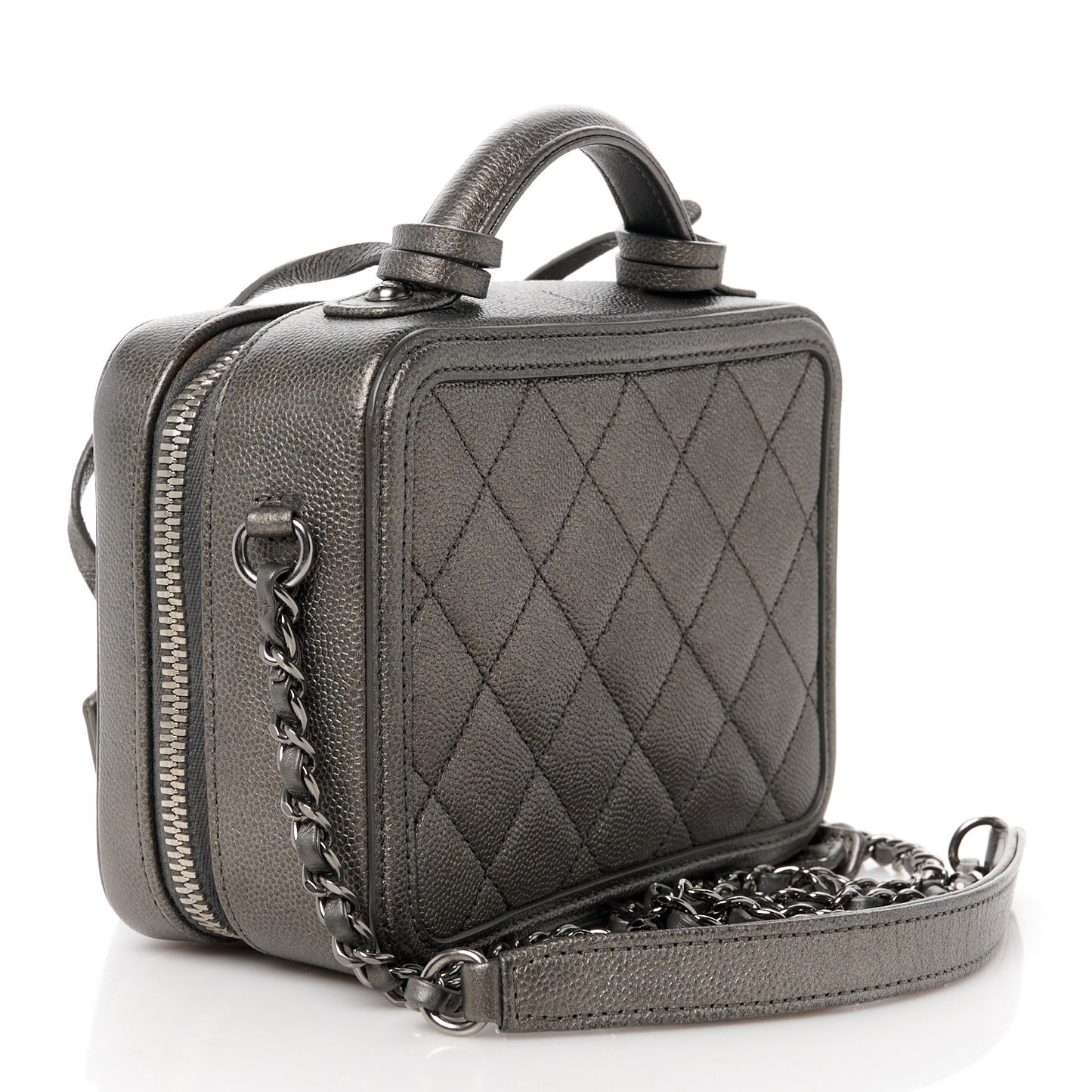 Metallic Caviar Quilted Small CC Filigree Vanity Case Dark Silver