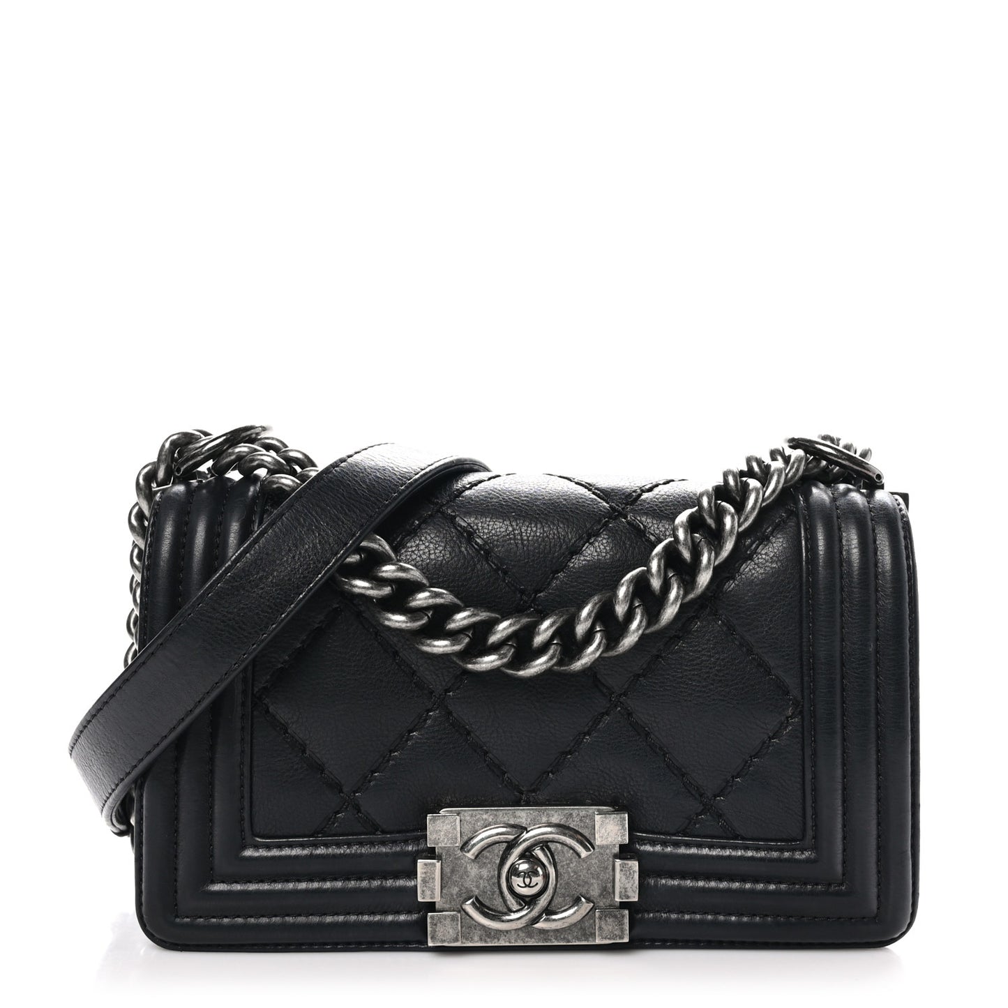 Calfskin Double Stitch Small Boy Flap Black