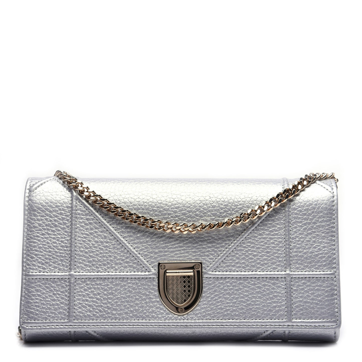 Metallic Grained Calfskin Diorama Croisiere Chain Wallet Silver