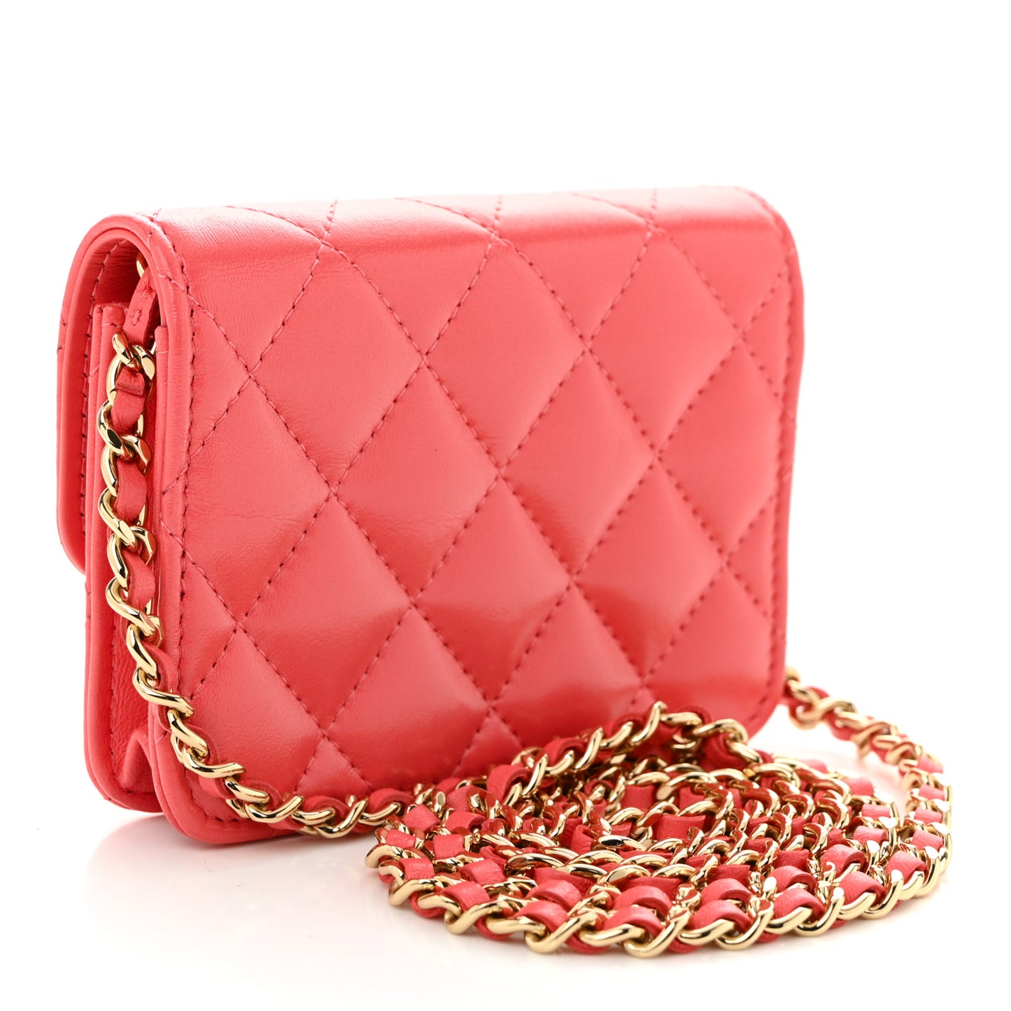 Shiny Lambskin Quilted Card Holder On Chain Pink