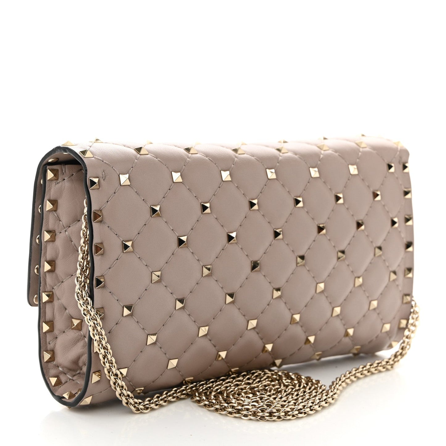 Lambskin Rockstud Spike Wallet on Chain Poudre