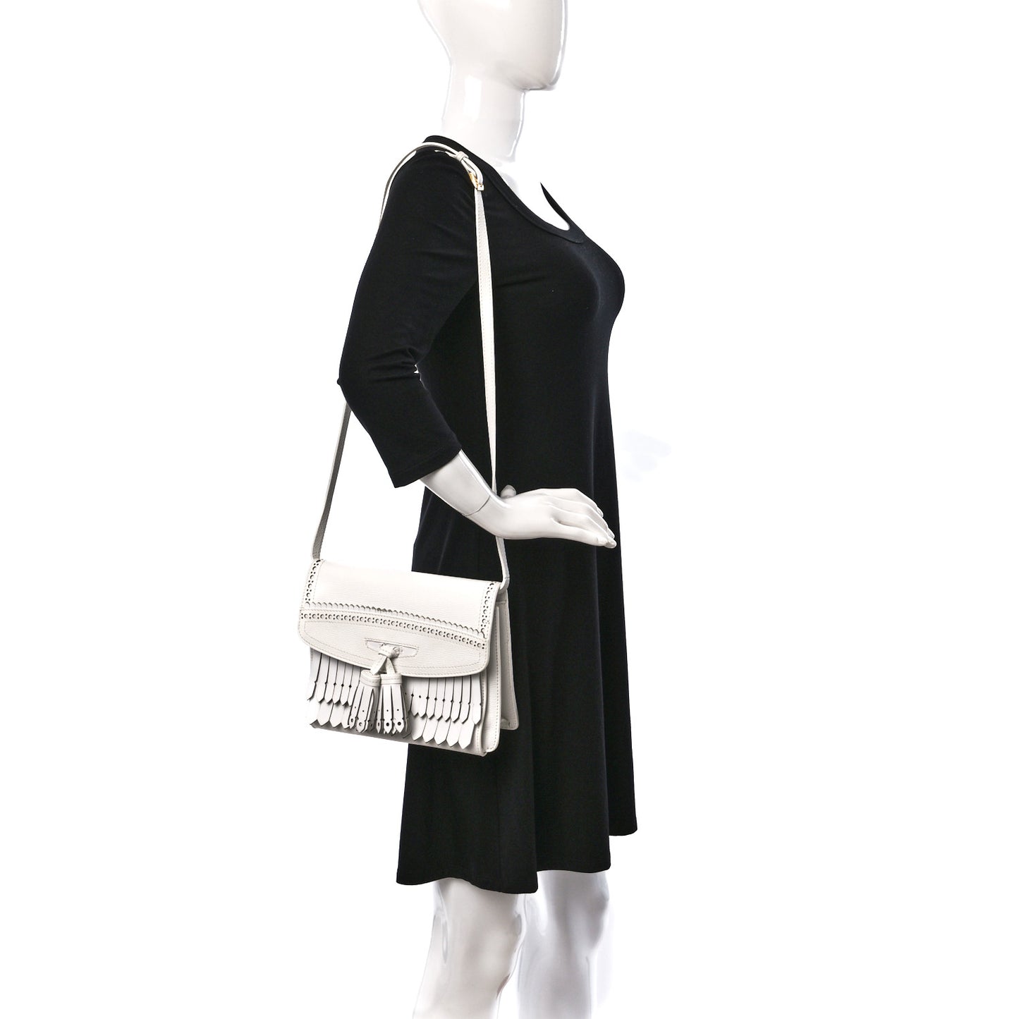 Grainy Calfskin Broguing Tassel Small Macken Crossbody Bag Chalk White