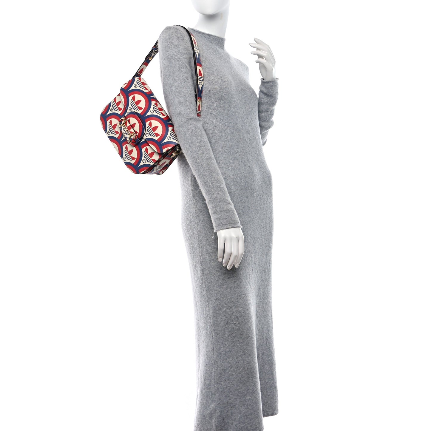 X ADIDAS Shangai Calfskin Web Trefoil Interlocking G Small Horsebit 1955 Shoulder Bag Red White Blue