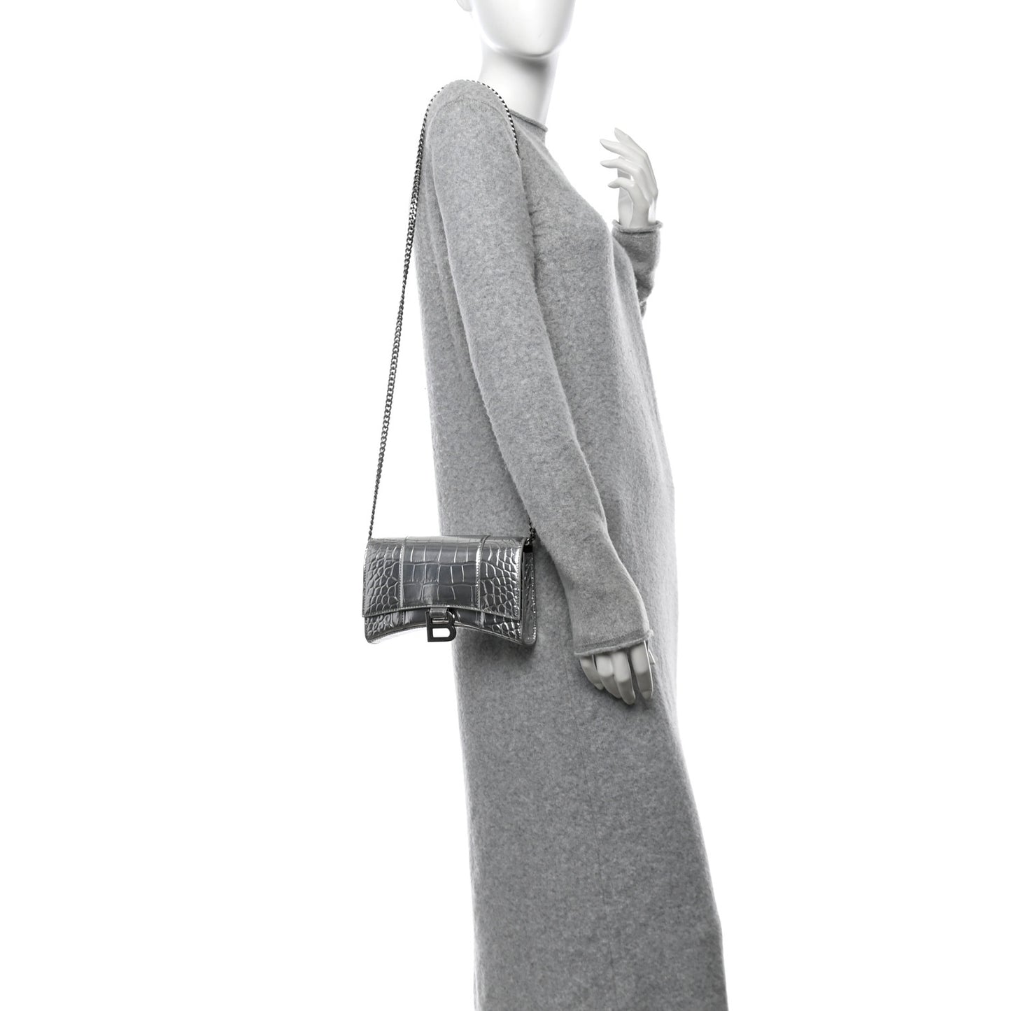 Metallic Calfskin Crocodile Embossed Hourglass Chain Bag Silver