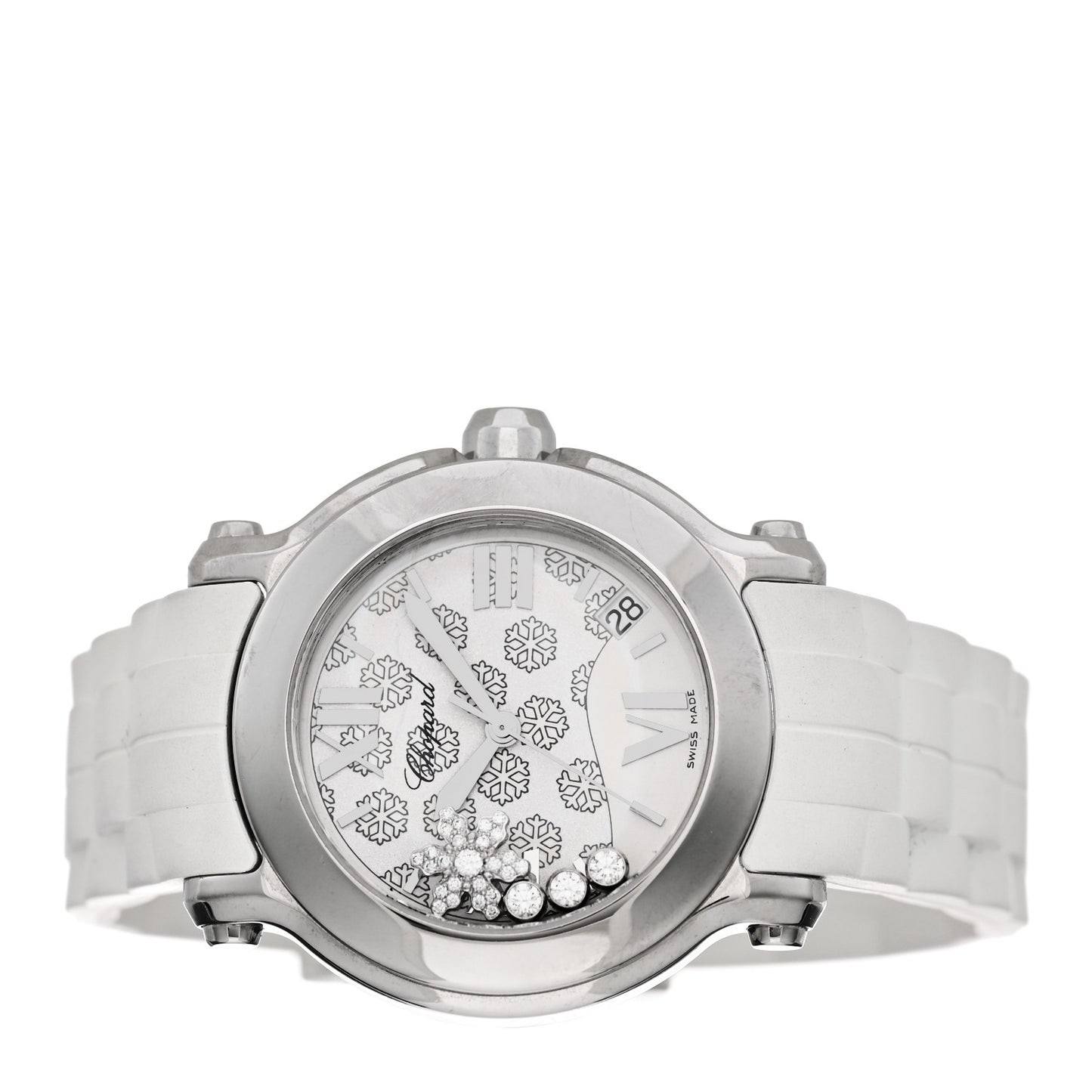 Stainless Steel Rubber Diamond 36mm Happy Sport Snow Flake Quartz Watch White