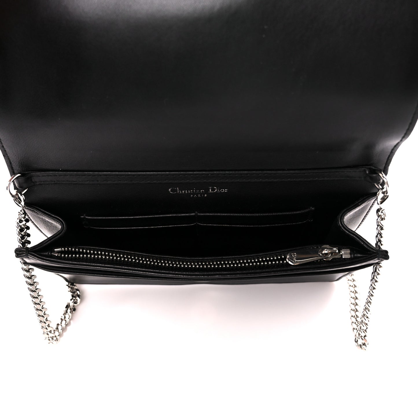 Calfskin Patch Embroidered Diorama Chain Wallet Black