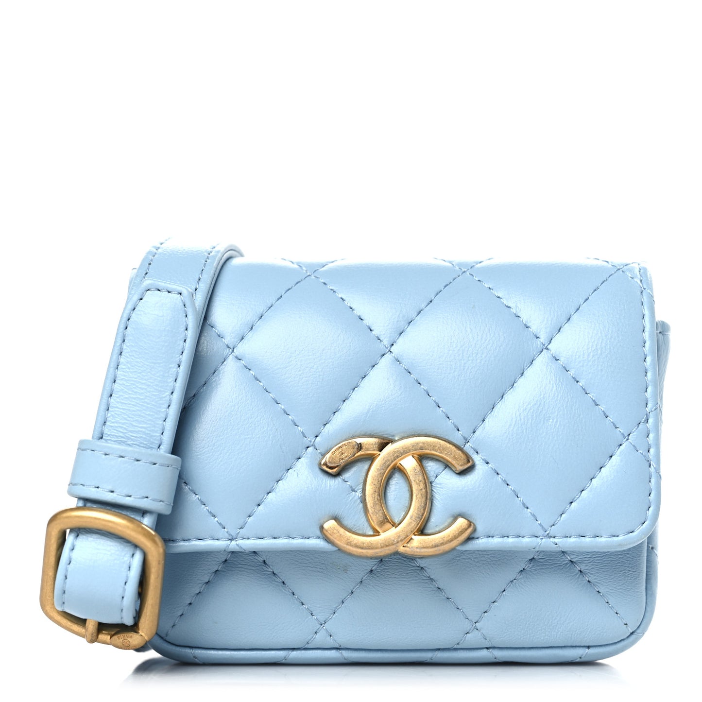 Lambskin Lacquered Metal Quilted Flap Chain Belt Bag Blue
