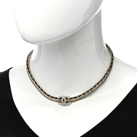 Metal Lambskin Crystal Chain CC Necklace Black Gold