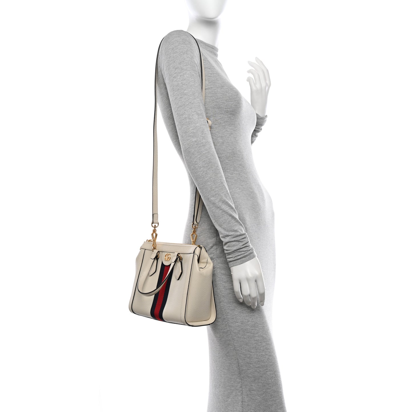 Textured Calfskin Web Small Ophidia Tote Bag Mystic White