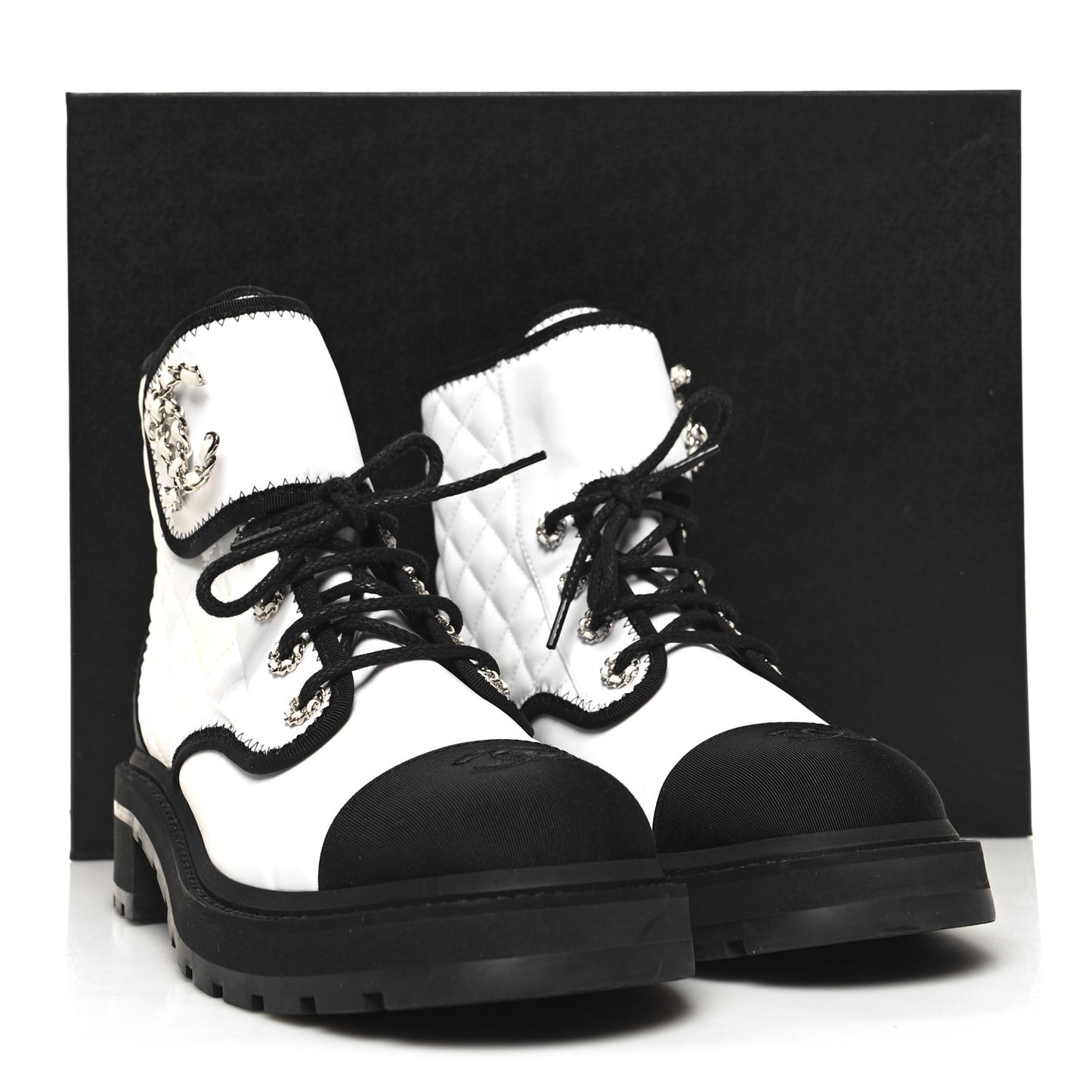Fabric Grosgrain Quilted Cap Toe Lace Up Combat Boots 41 White Black