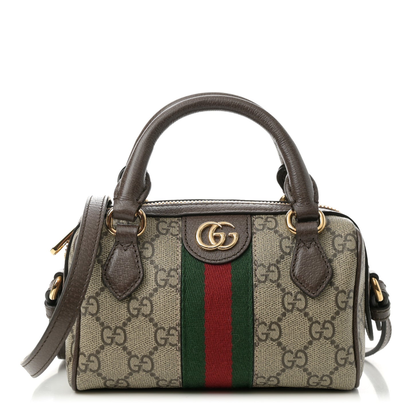 GG Supreme Monogram Textured Dollar Calfskin Web Super Mini Ophidia Top Handle Bowler Bag Beige Ebony New Acero
