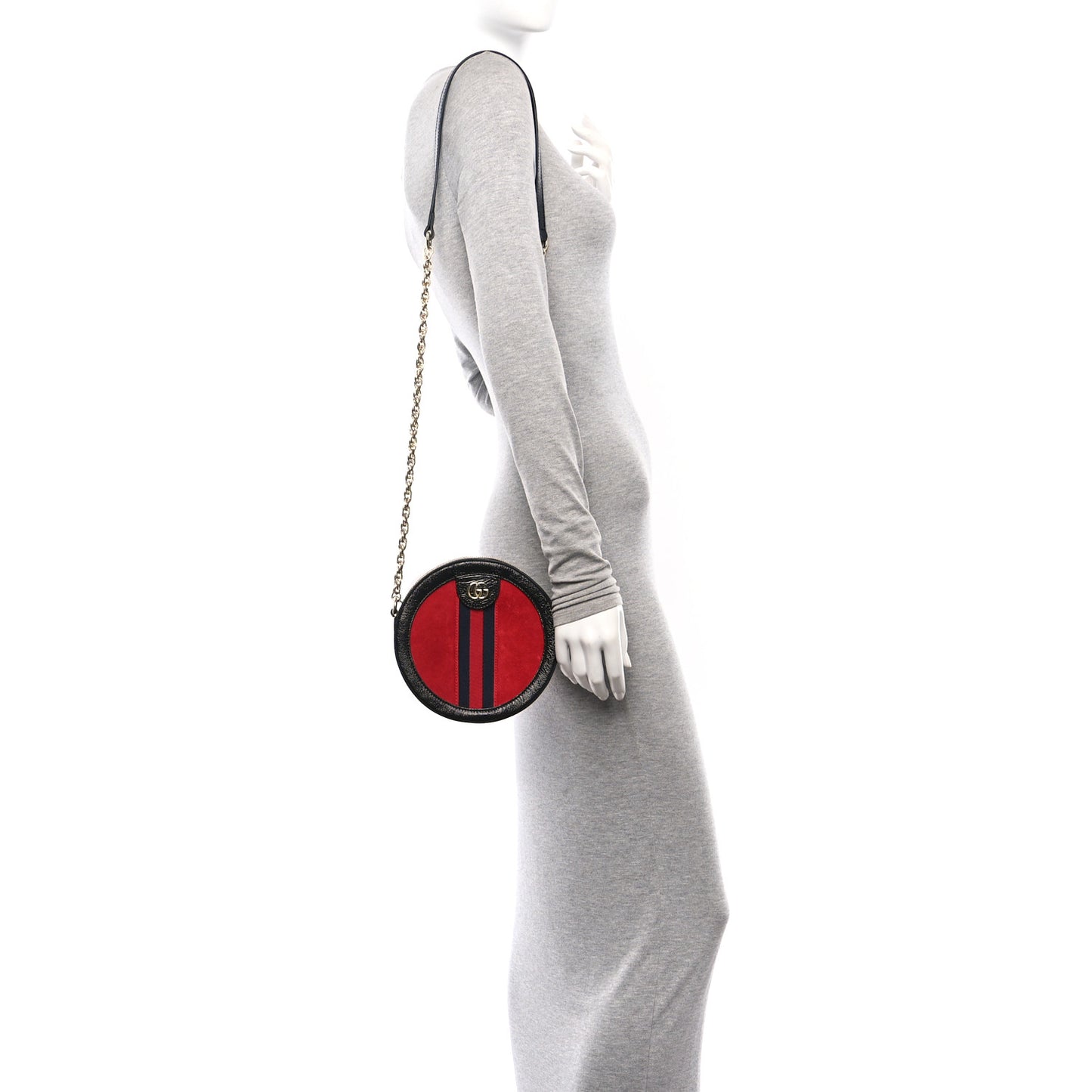 Suede Patent Web Mini Ophidia Round Shoulder Bag Hibiscus Red Black
