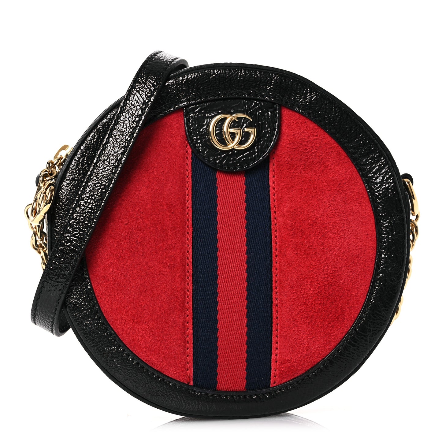 Suede Patent Web Mini Ophidia Round Shoulder Bag Hibiscus Red Black