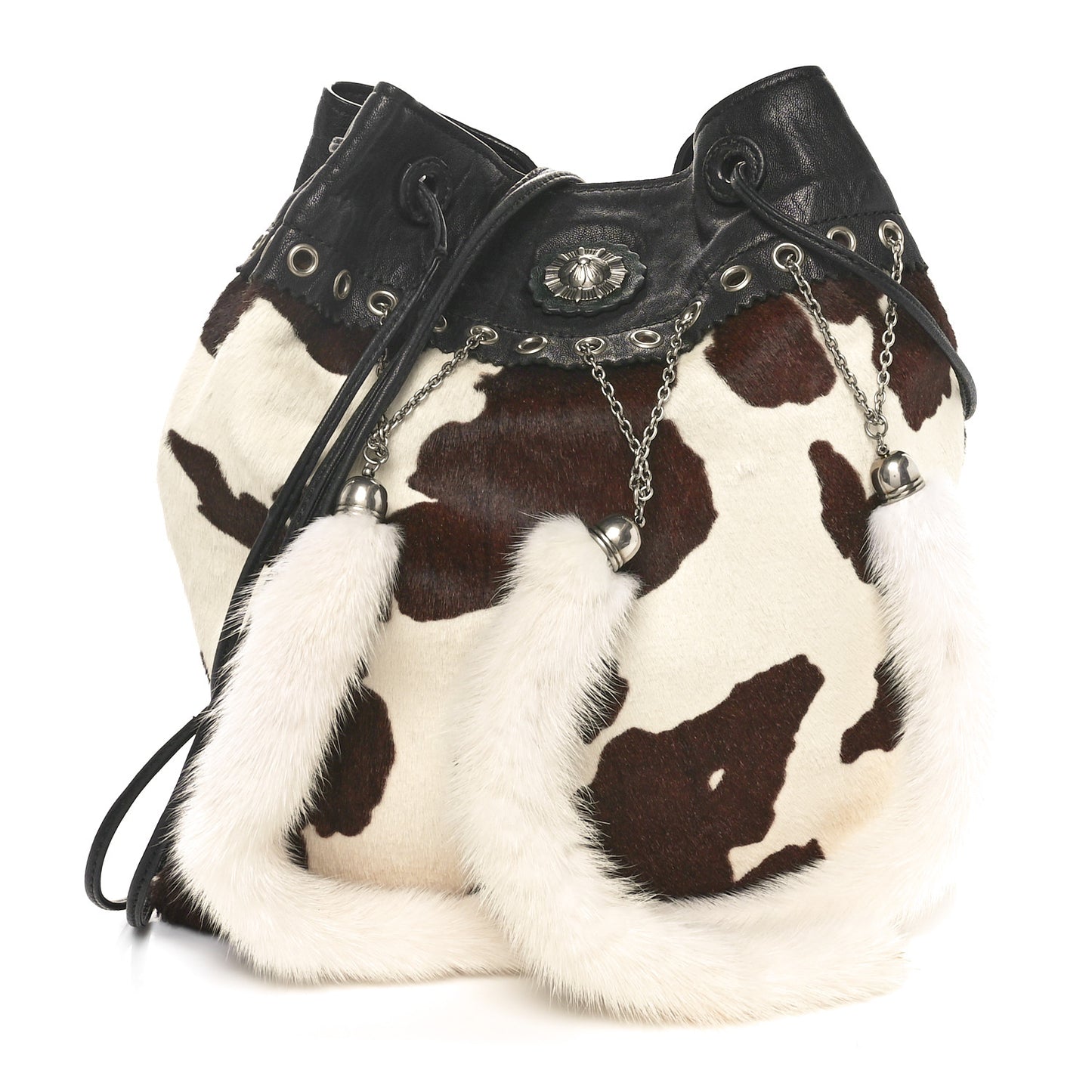 Lambkskin Mink Fur Pony Hair Drawstring Bag Black