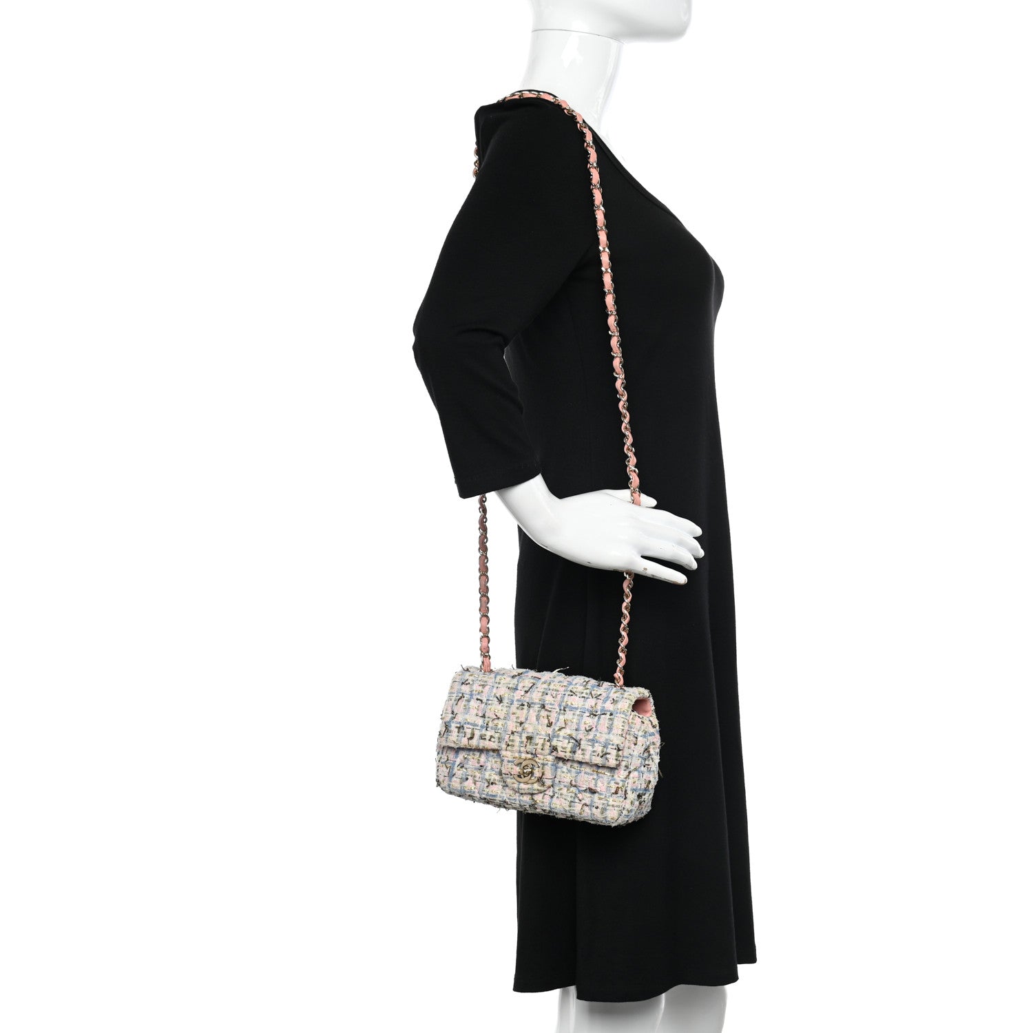 Chanel Tweed Quilted Mini Rectangular Flap Light Blue Pink Gold White 2 of 11