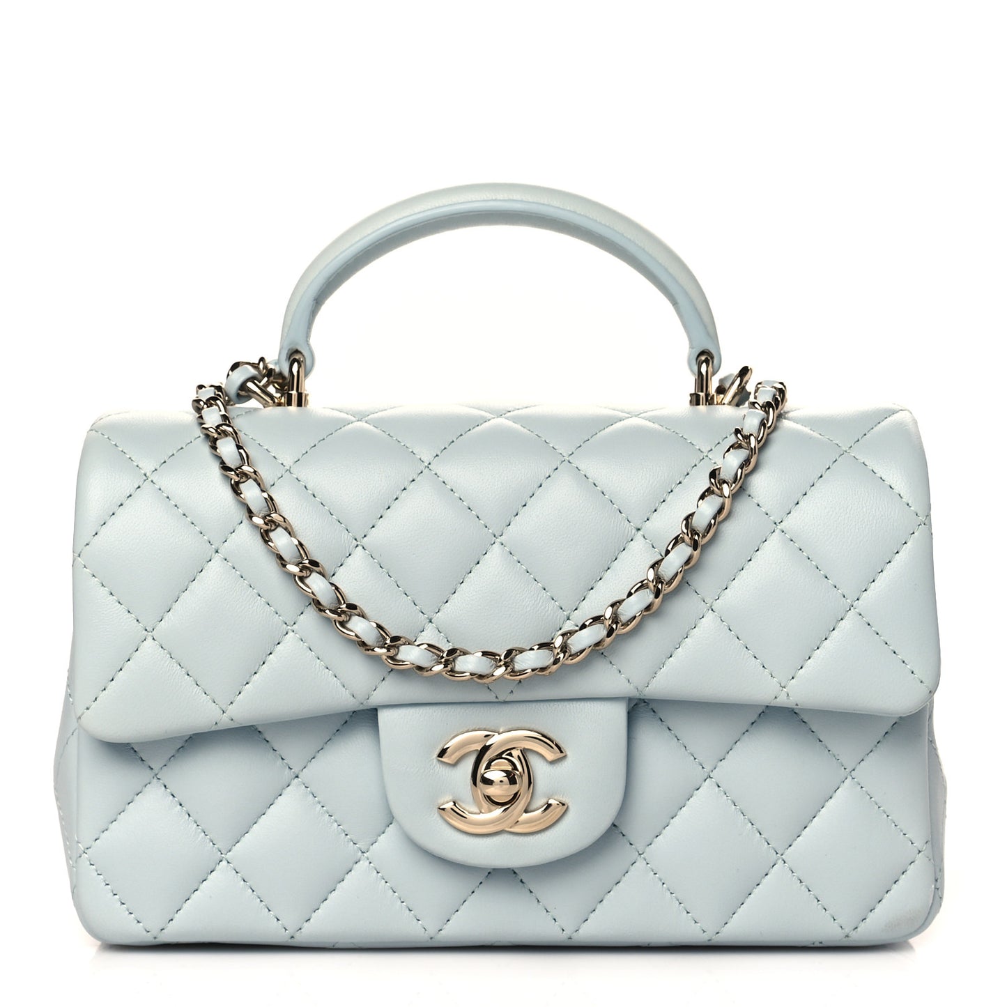 Lambskin Quilted Mini Top Handle Rectangular Flap Light Blue