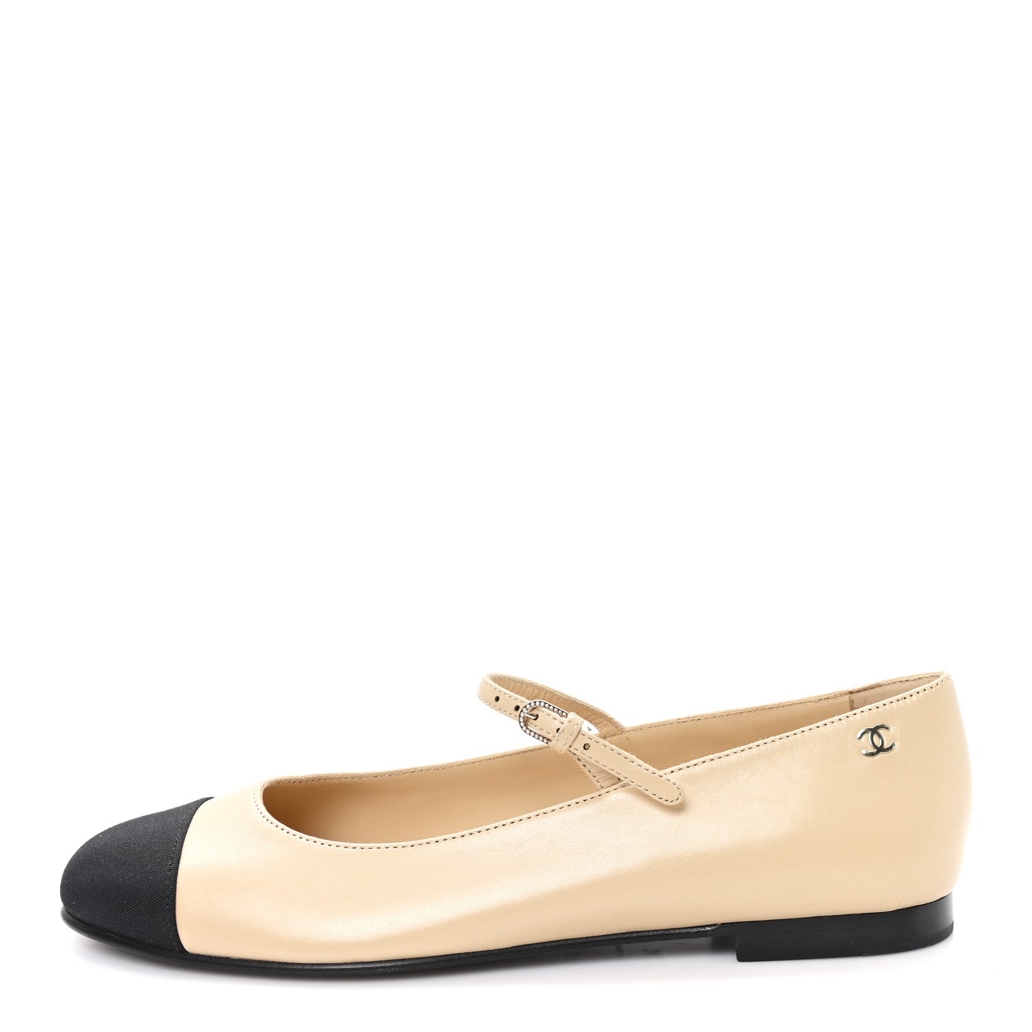 Chanel Goatskin Grosgain Cap Toe Pearl Mary Jane Flats 36.5 Beige