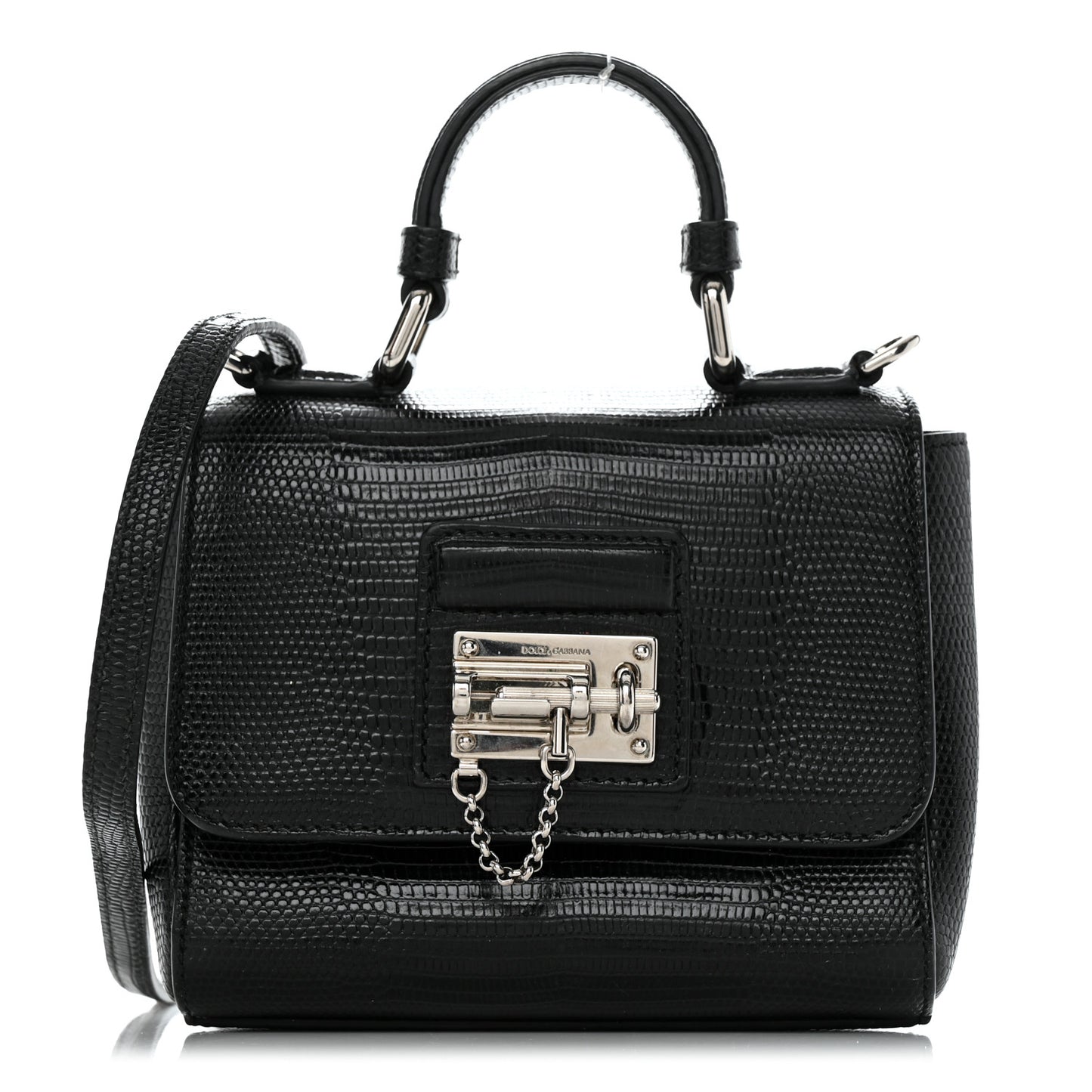 Lizard Calfskin Embossed Small Monica Top Handle Bag Black