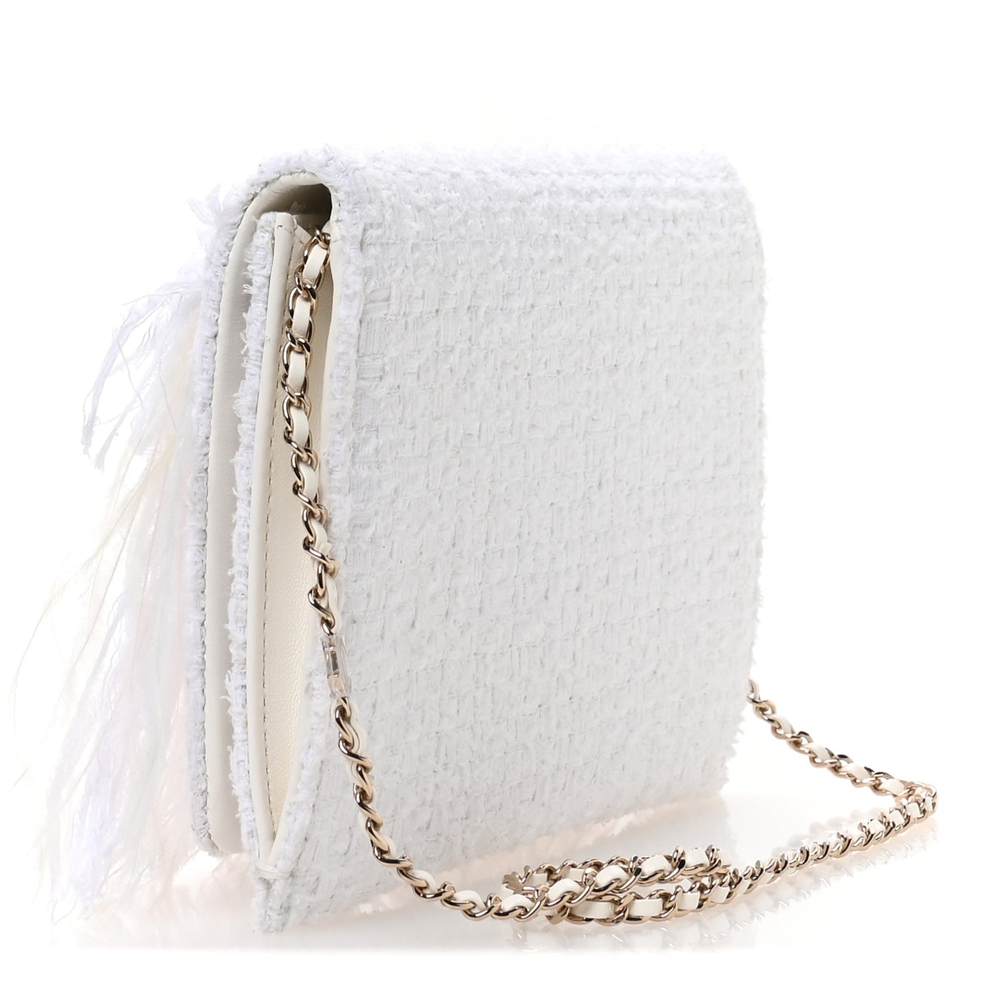 Tweed Embroidered Feathers Pearl Crystal Clutch White