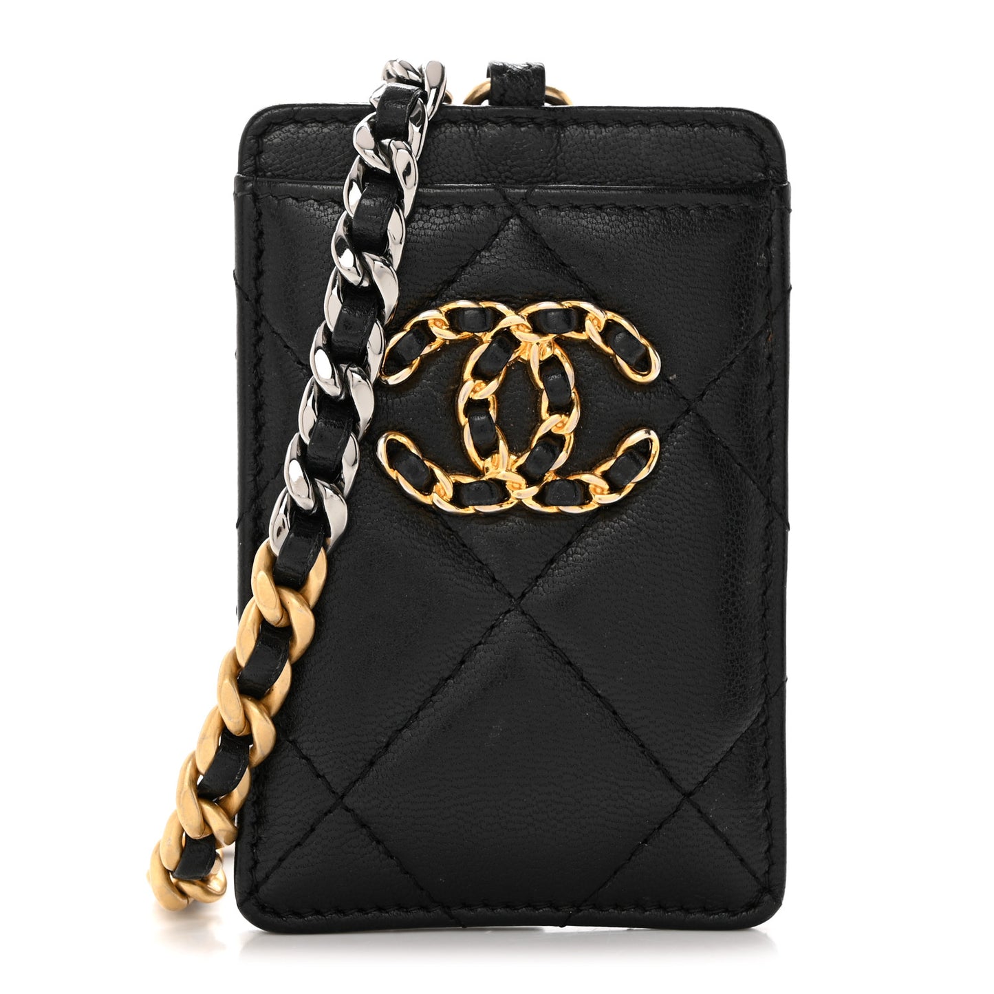 Shiny Goatskin Quilted Chanel 19 Card Holder On Chain Black