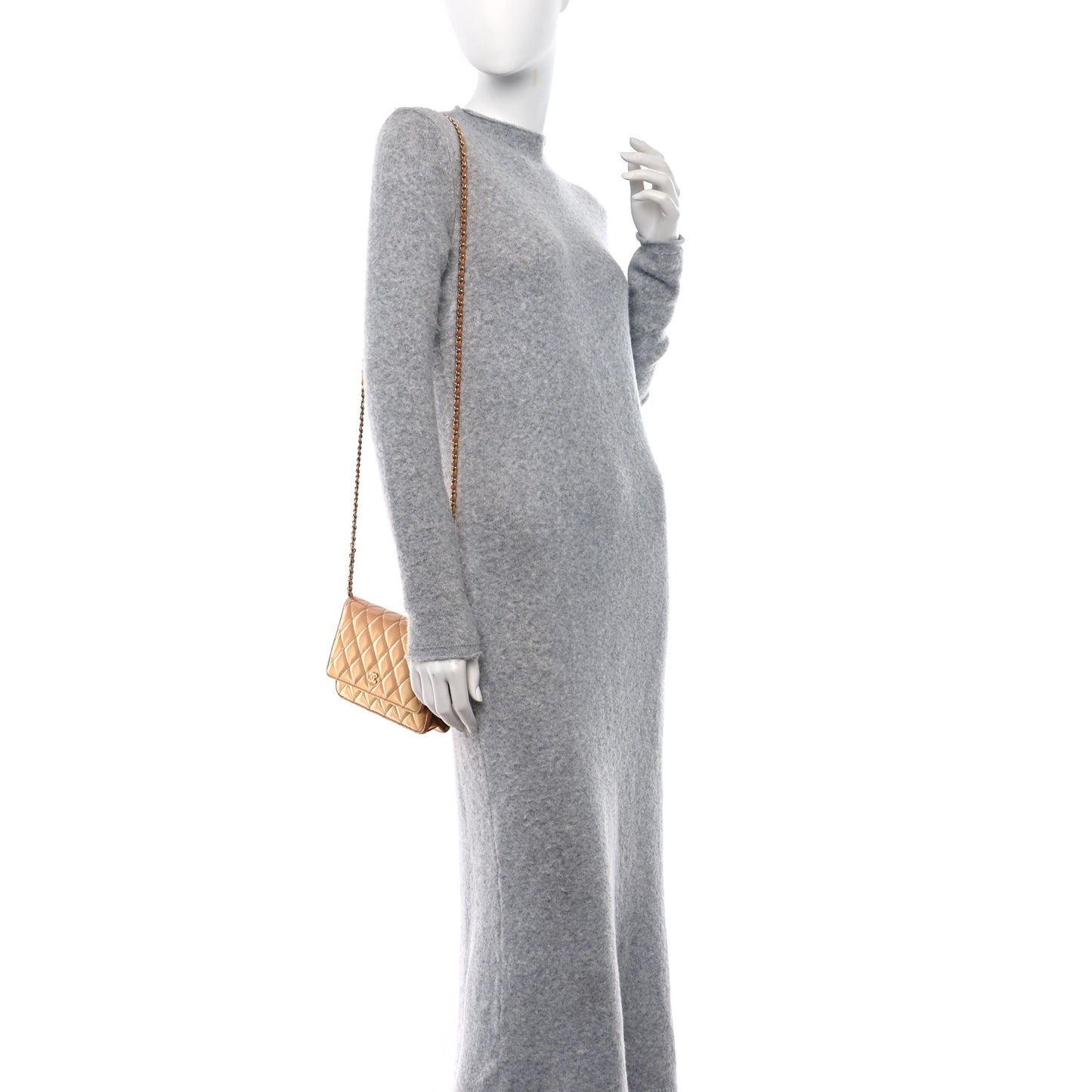 Metallic Lambskin Quilted Wallet On Chain WOC Golden