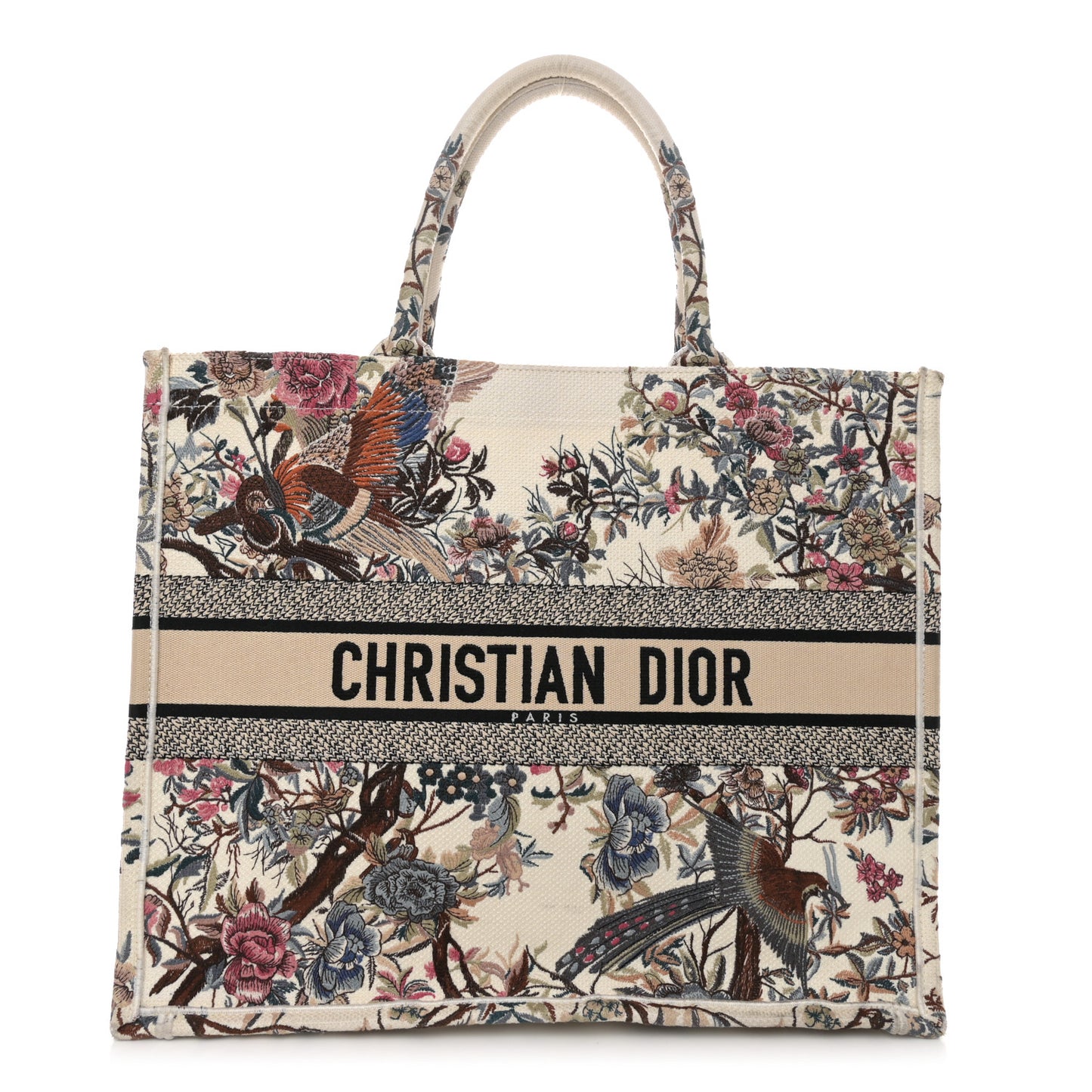 Canvas Embroidered Large Jardin D'Hiver Book Tote Latte Multicolor