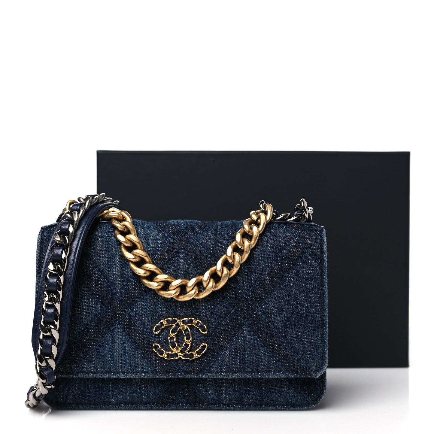 Denim Quilted Chanel 19 Wallet On Chain WOC Blue