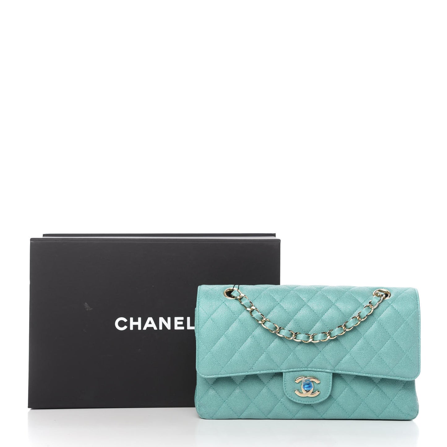 Iridescent Caviar Quilted Medium Double Flap Green