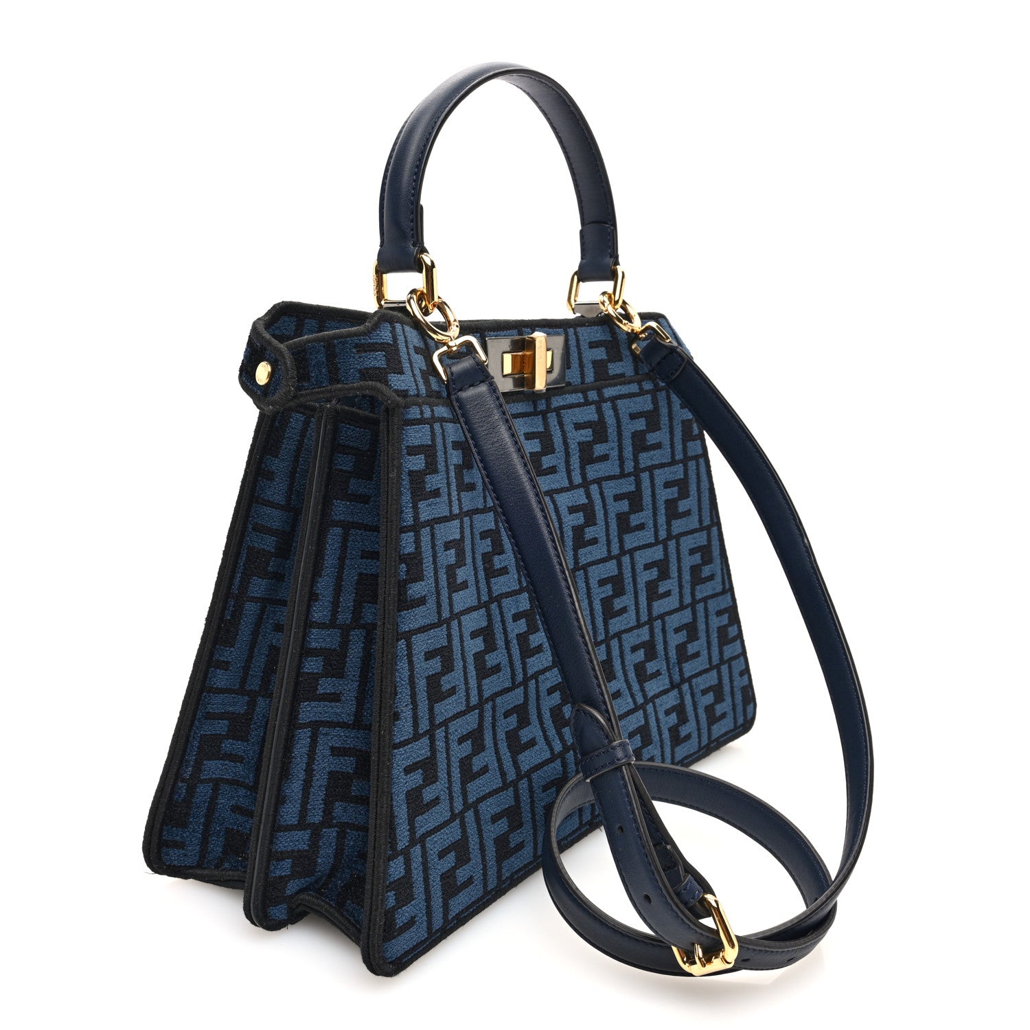 Fendi Chenille Vitello Seta FF Medium Peekaboo I SEE U Satchel Blue Black 3 of 9