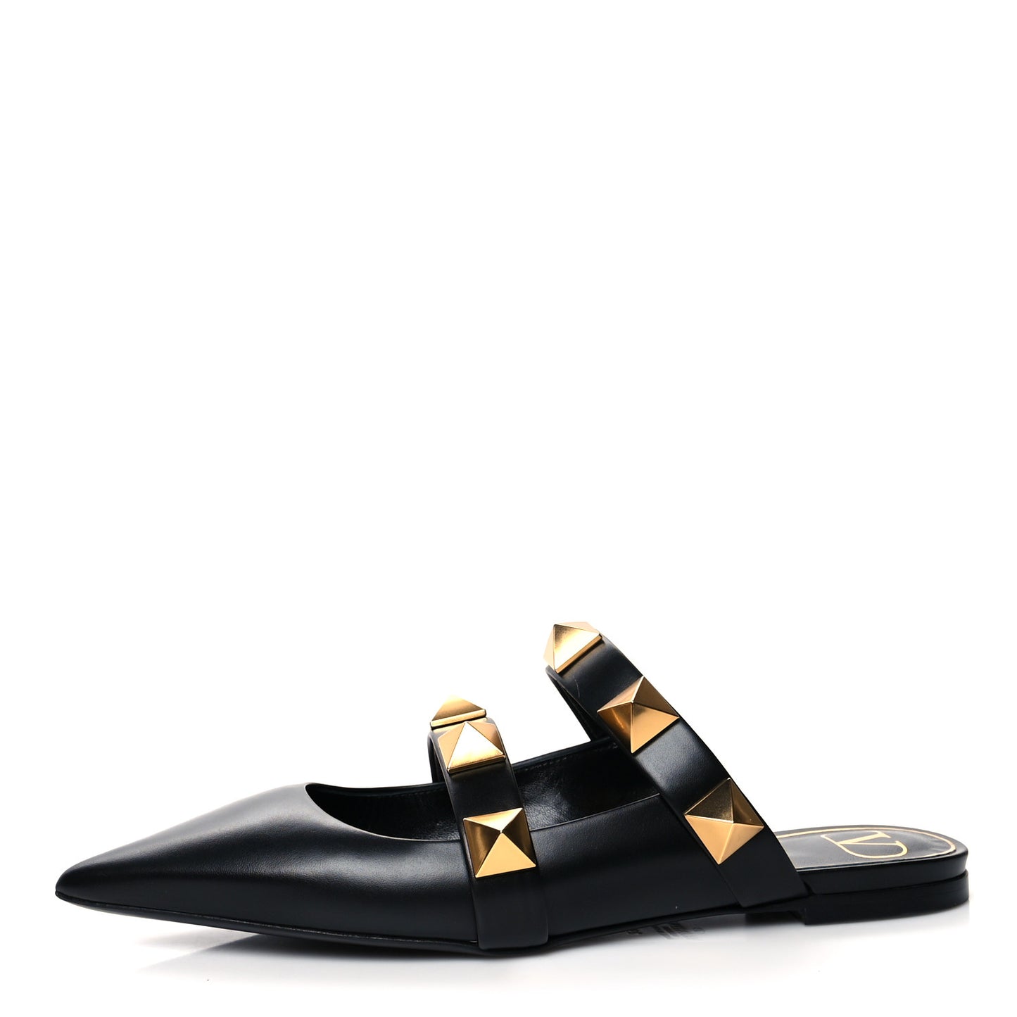 Calfskin Roman Stud Flat Mules 39 Black