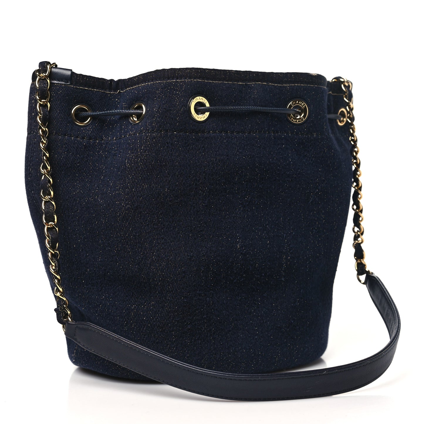 Lurex Canvas Deauville Drawstring Bucket Bag Navy Blue Gold