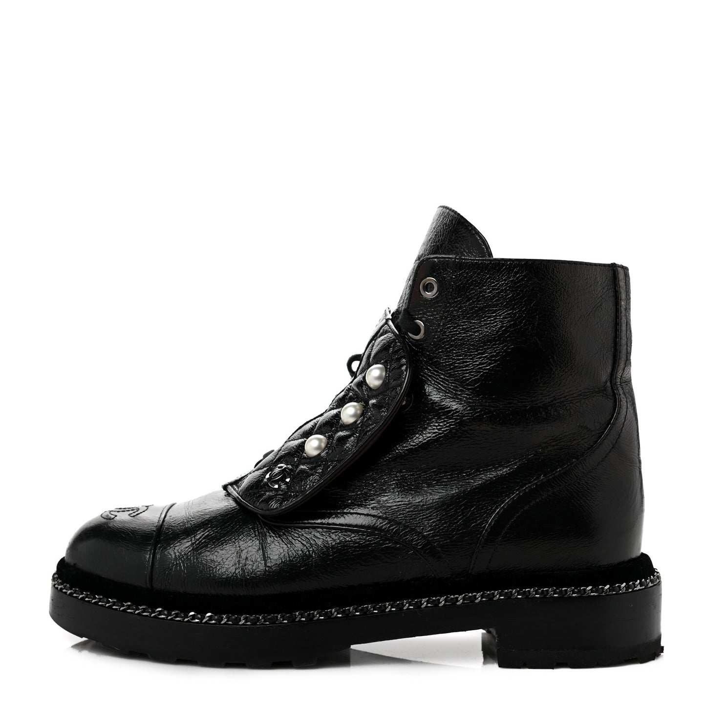 Crackled Calfskin Velvet Pearl Combat Short Boots 40 Black