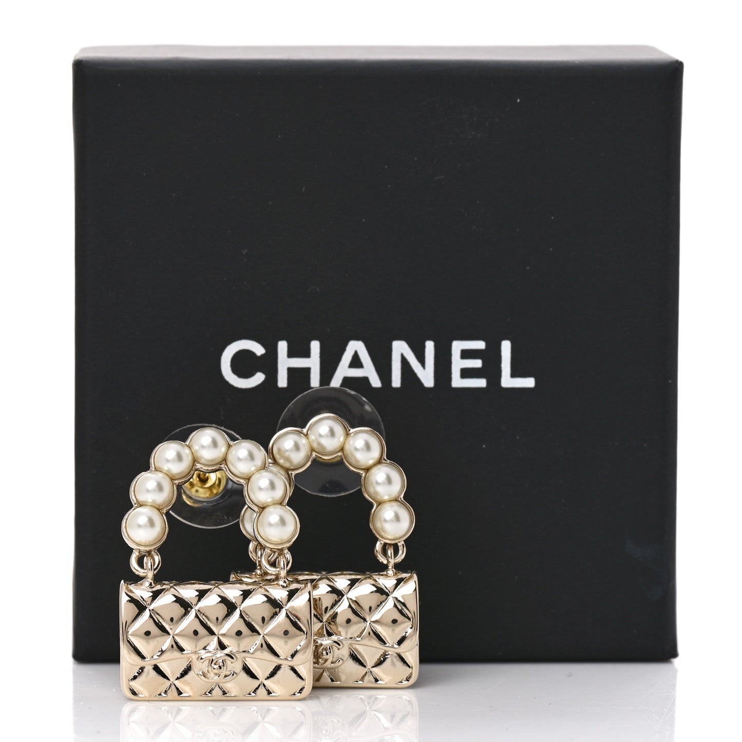 Pearl Quilted CC Flap Bag Earrings Gold