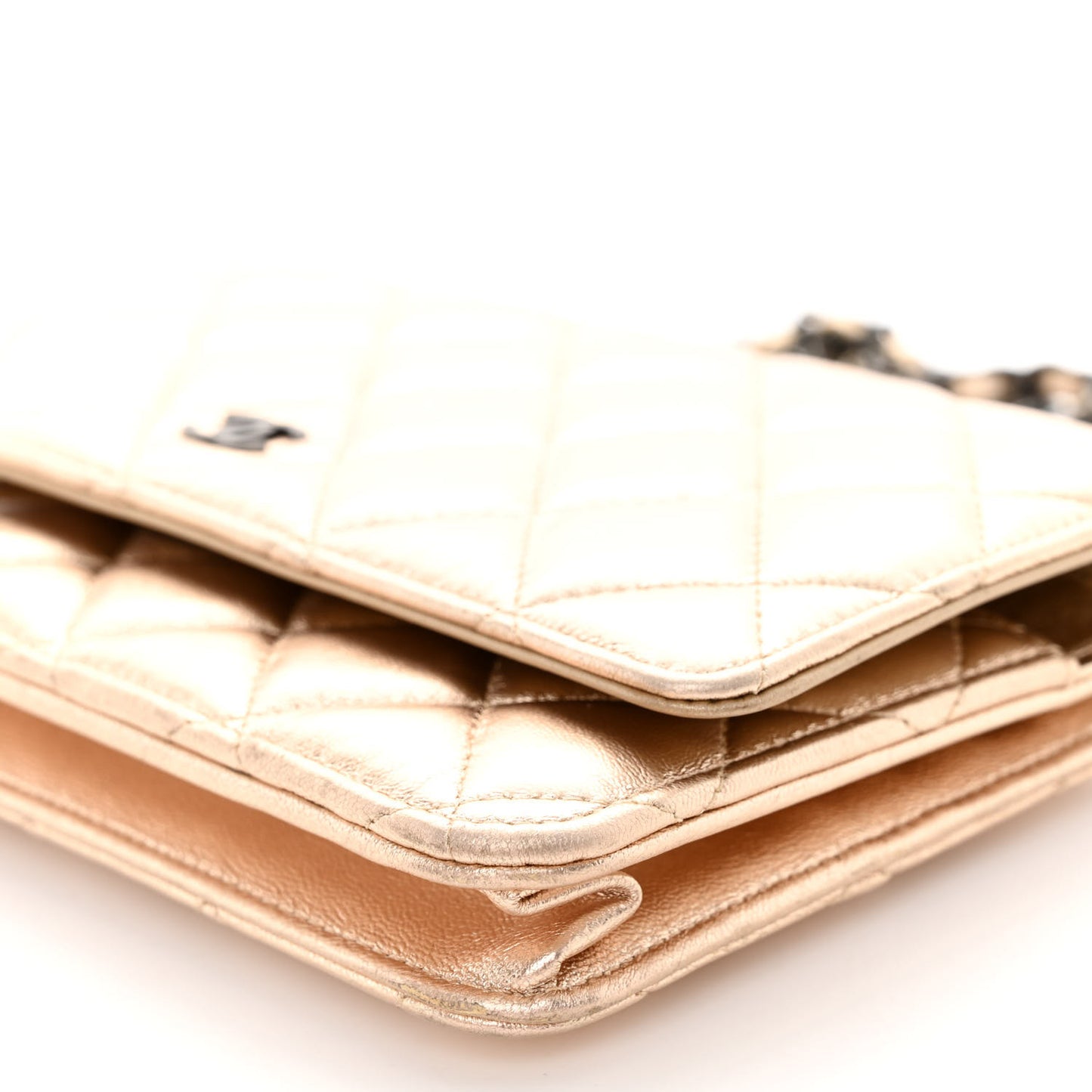 Metallic Lambskin Quilted Wallet On Chain WOC Gold Black