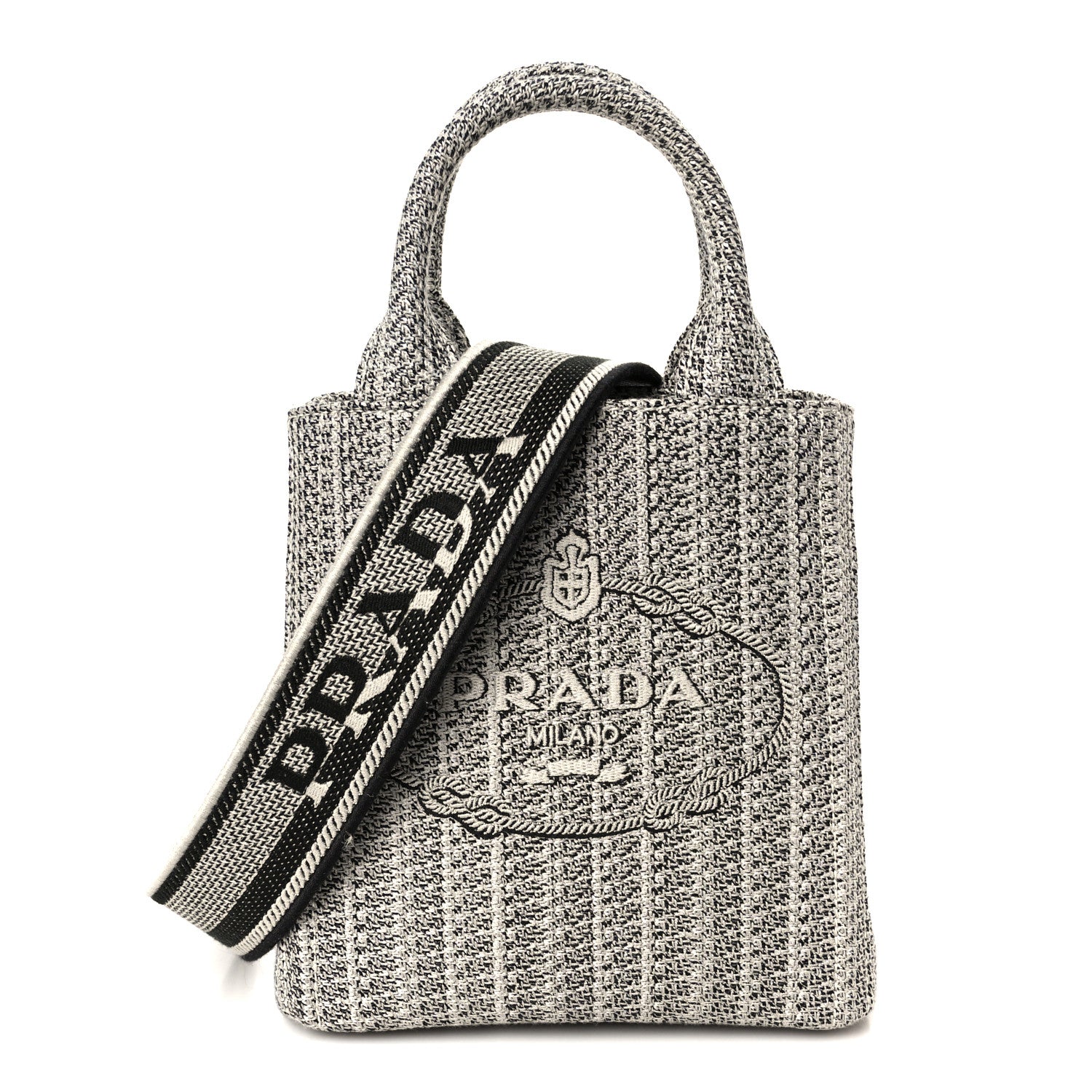 Prada Jacquard Logo Ricamo Embroidered Small Tote Black Talco Prada Jacquard Logo Ricamo Embroidered Small Tote Black Talco