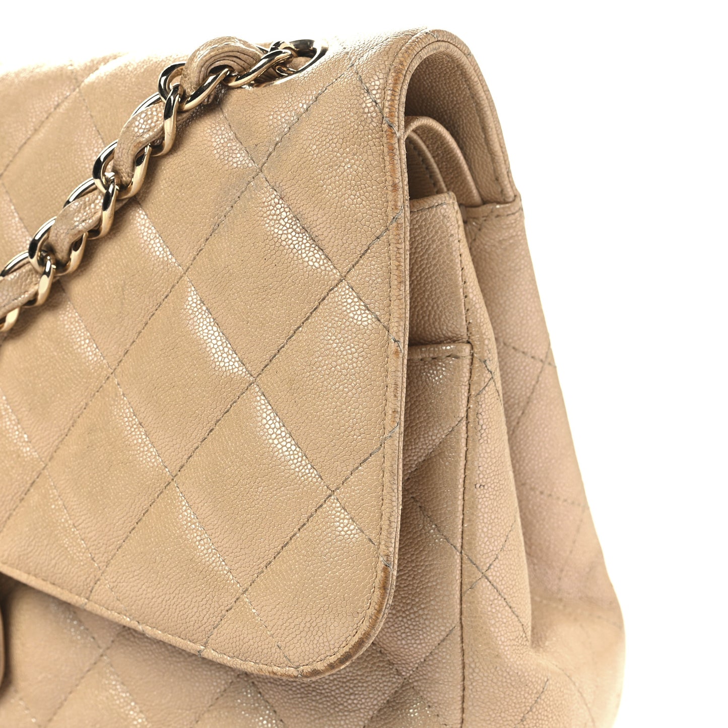 Iridescent Caviar Quilted Jumbo Double Flap Beige
