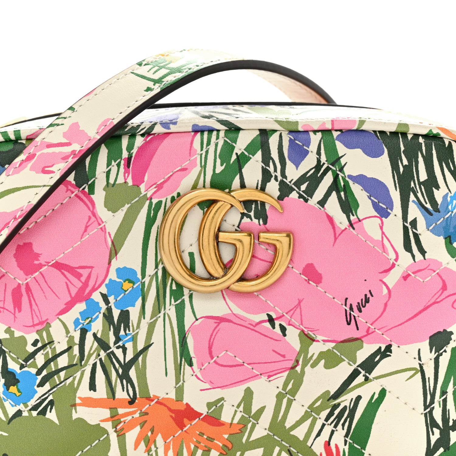 Gucci X KEN SCOTT Calfskin Matelasse Floral Print Small GG Marmont Chain Shoulder Bag Ivory Pink 9 of 17