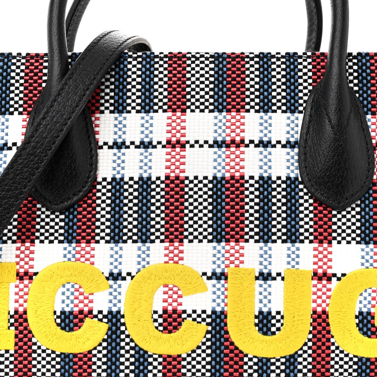 Canvas Plaid ICCUG Embroidered Small Tote Bag Black White Red Blue Smile Yellow