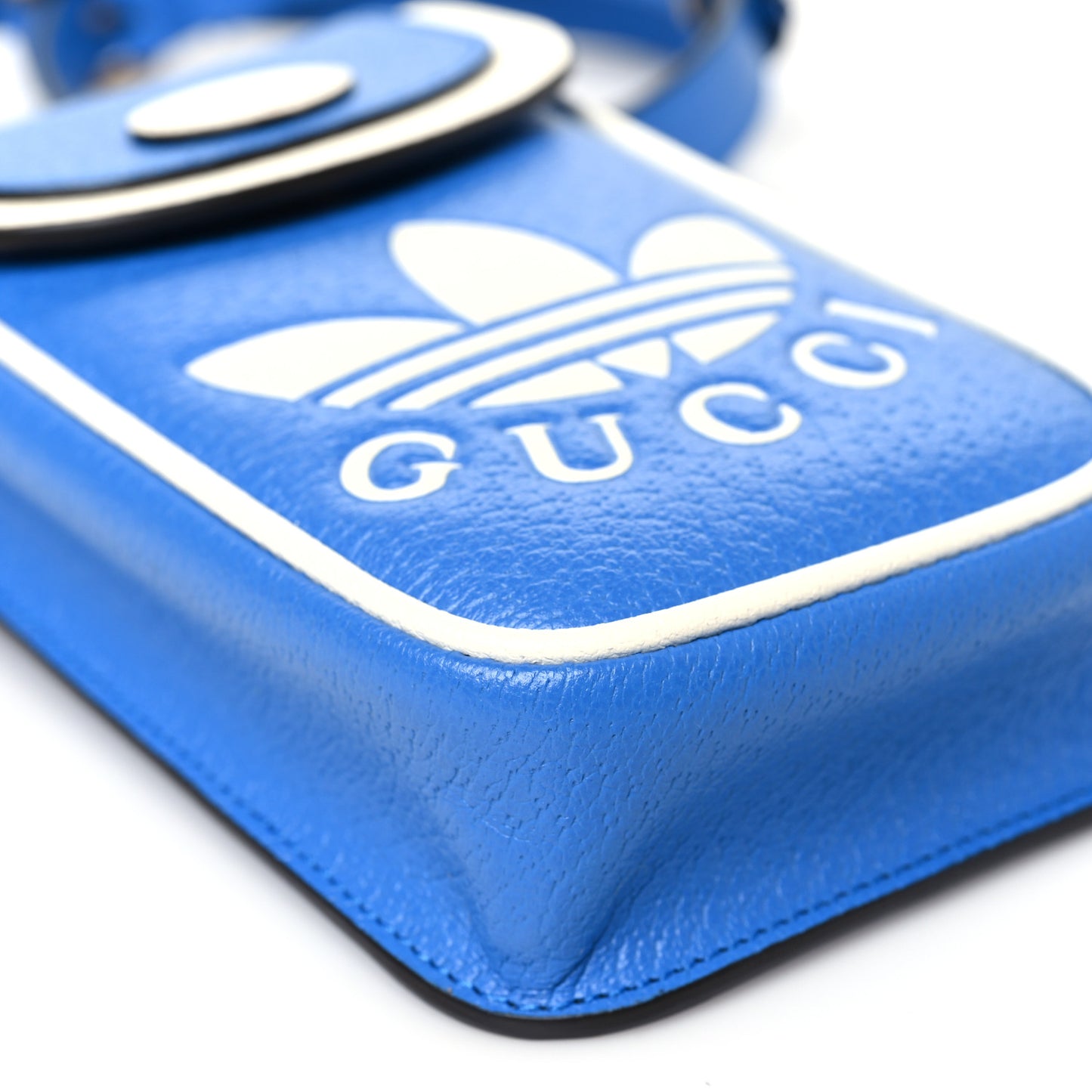 X ADIDAS Textured Dollar Calfskin Trefoil Embossed Phone Crossbody Bag Oriental Blue Mystic White