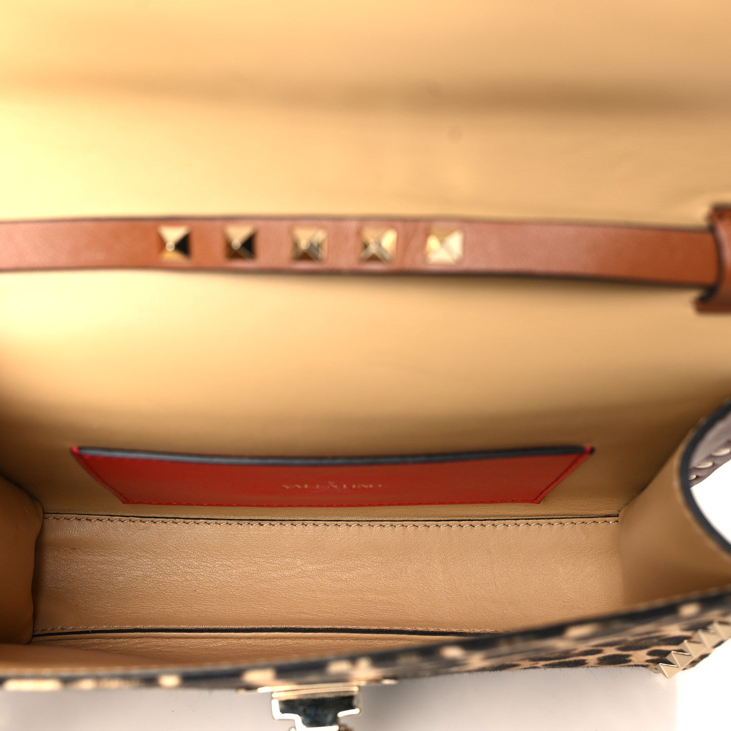 Valentino Garavani Calfskin Canvas Leopard Print Medium Rockstud Flip Lock Crossbody Bag Tan 5 of 9