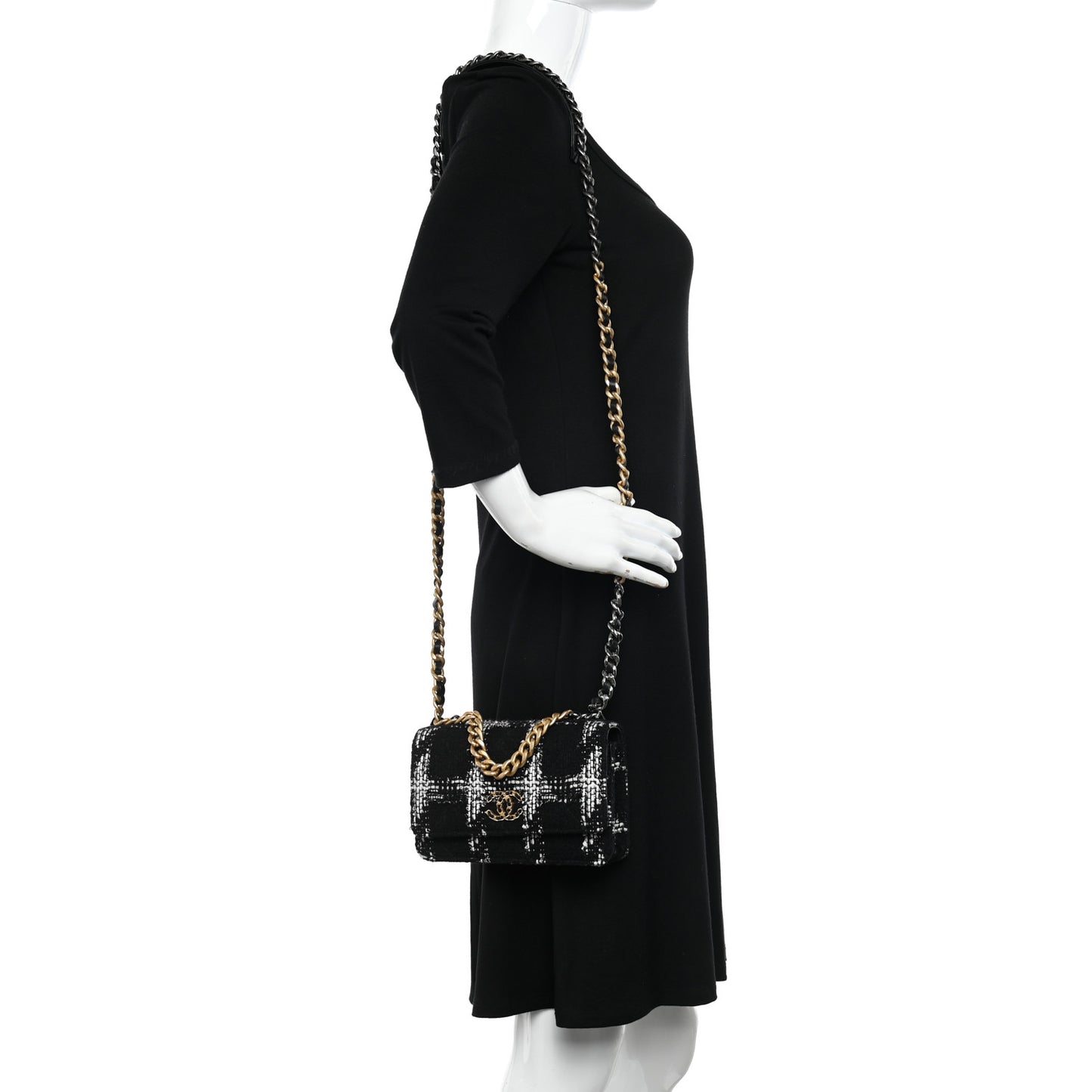 Tweed Quilted Chanel 19 Wallet On Chain WOC Black White