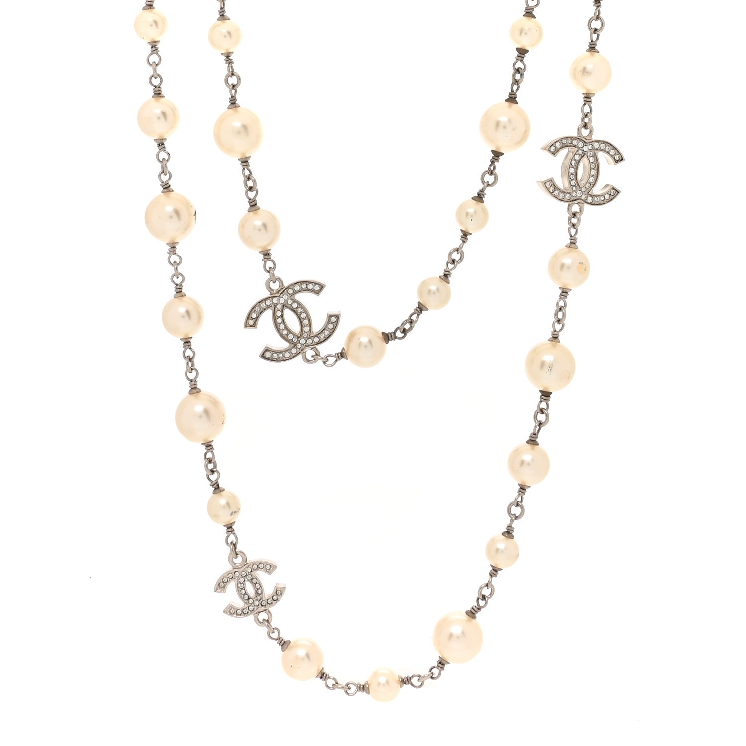 Chanel Crystal Pearl CC Long Necklace Silver 1 of 5