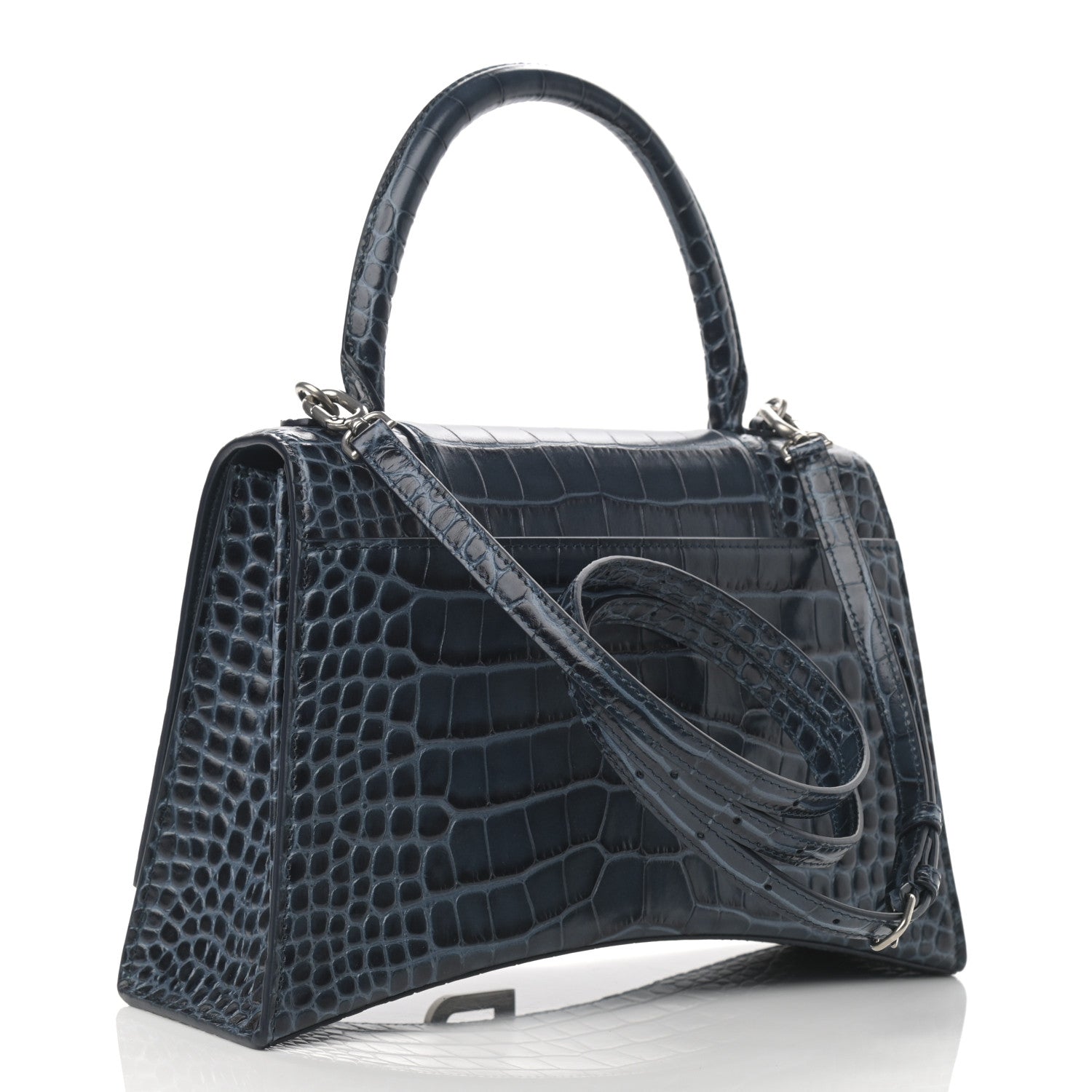 Balenciaga Shiny Calfskin Crocodile Embossed Medium Hourglass Top Handle Bag Denim Blue 3 of 11