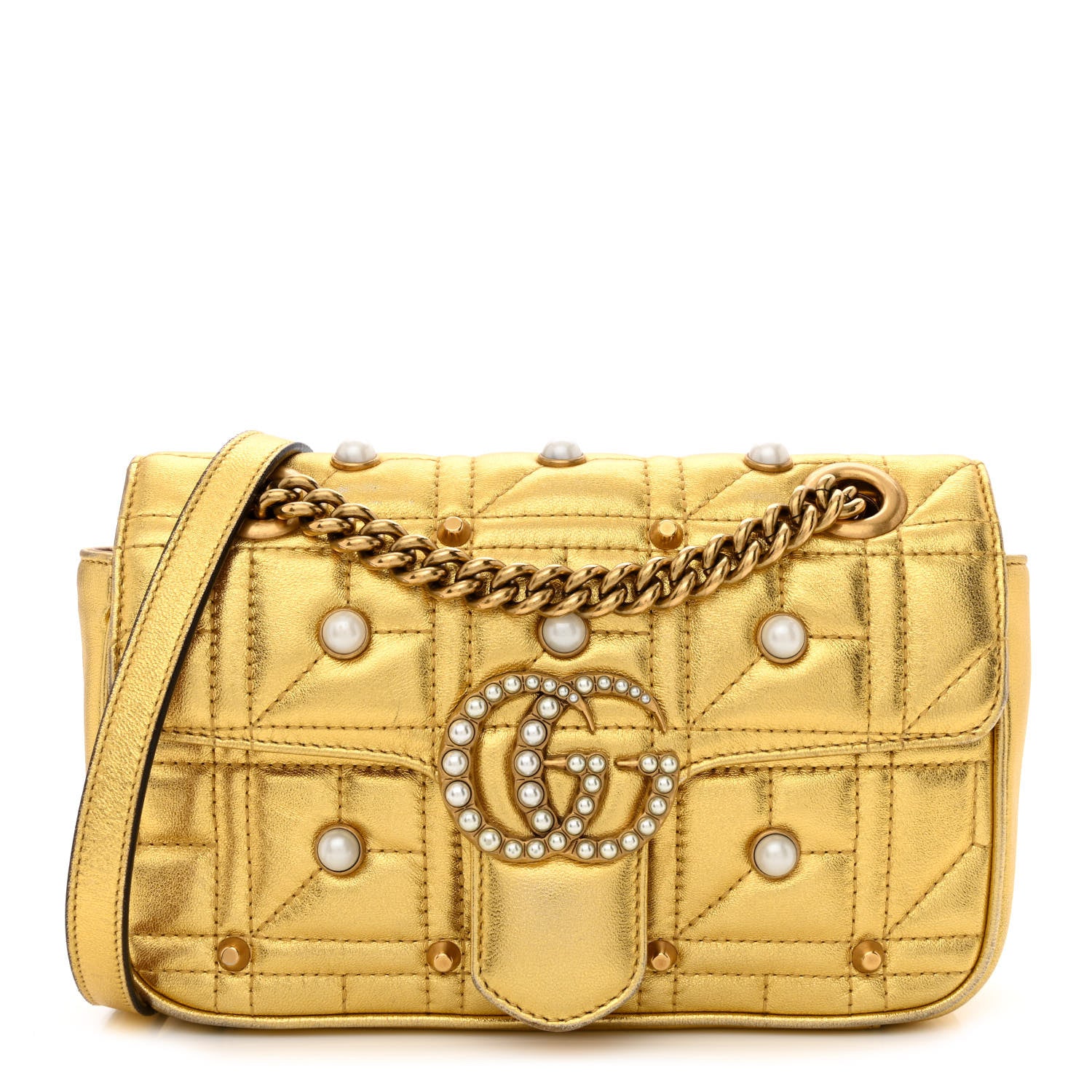 Gucci Metallic Calfskin Matelasse Studded Mini Pearly GG Marmont