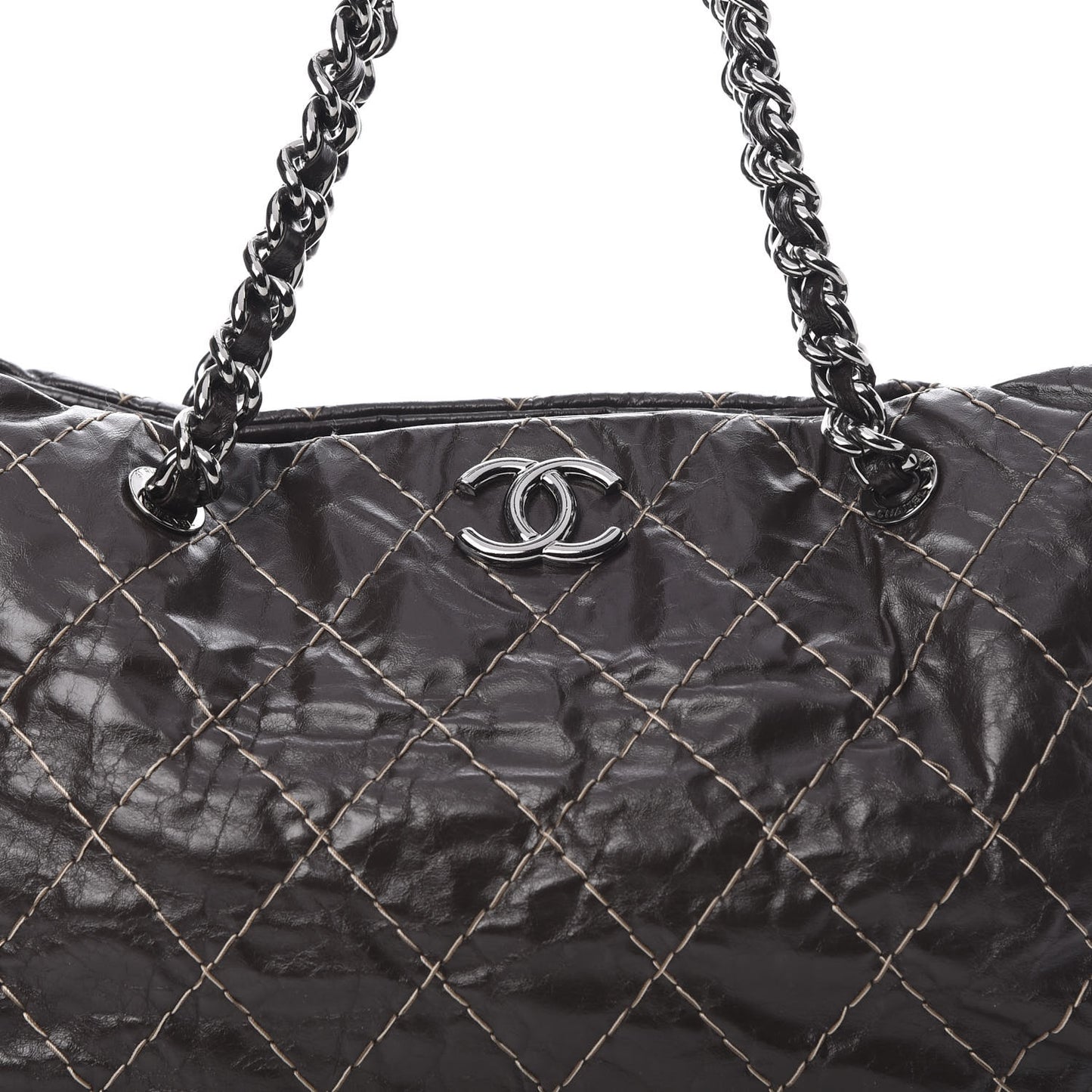 Glazed Goatskin Double Contrast Stitch Large Tote Brown